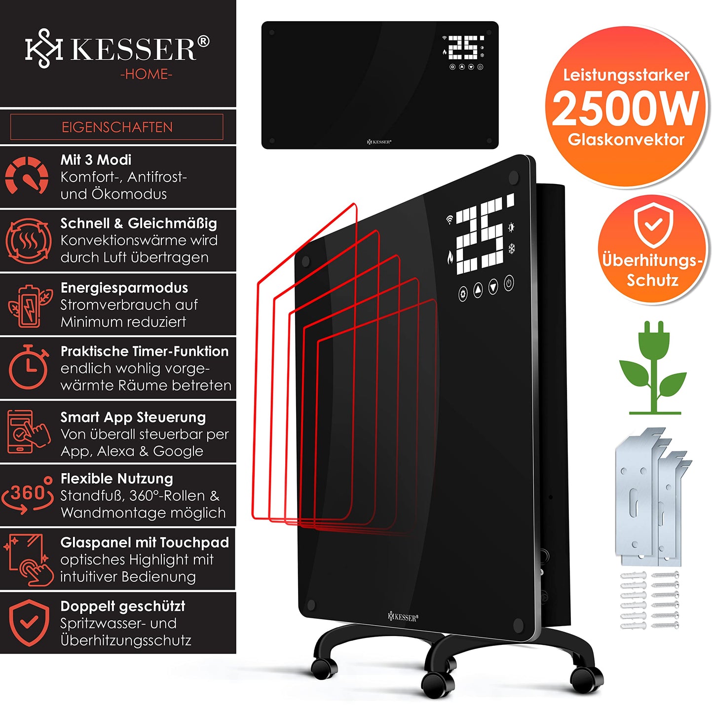 KESSER® Glaskonvektor, Glasheizkörper, elektrischer Heizkörper, WLAN-App-Funktion, inklusive Fernbedienung, Stand- oder Wandheizkörper | Touchscreen | LCD-Display | Timer | 2500 Watt 
