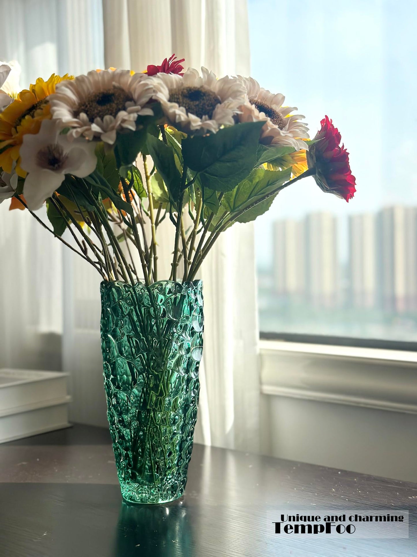 Blumenvase, große hohe Glasvase zur Dekoration, ästhetisch, große Glasvase mit gerippter Textur, modernes Wohnzimmer 