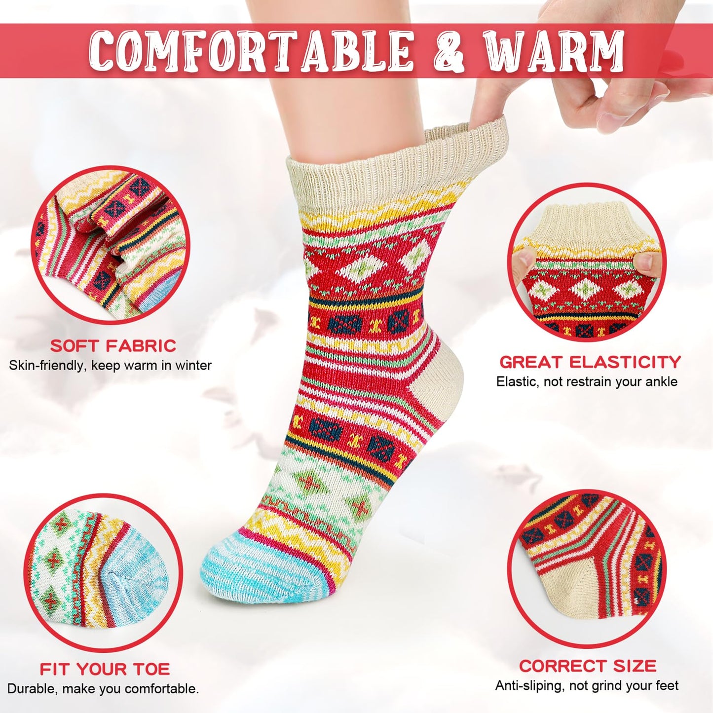 Airabc 5 Paar Damen-Thermosocken, warme Wintersocken, farbenfroh, kuschelig und atmungsaktiv 