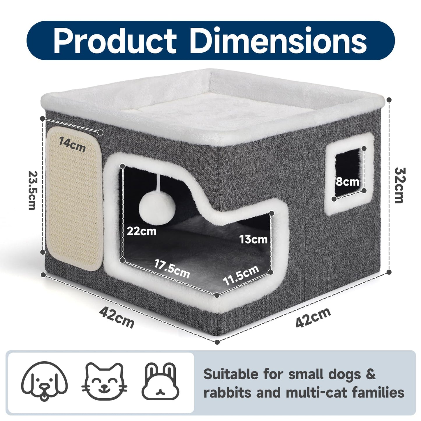 Faltbares Katzenhaus, mit Kratzbrett und Spielball, Katzenhaus Höhle für kleine und mittlere Haustiere 