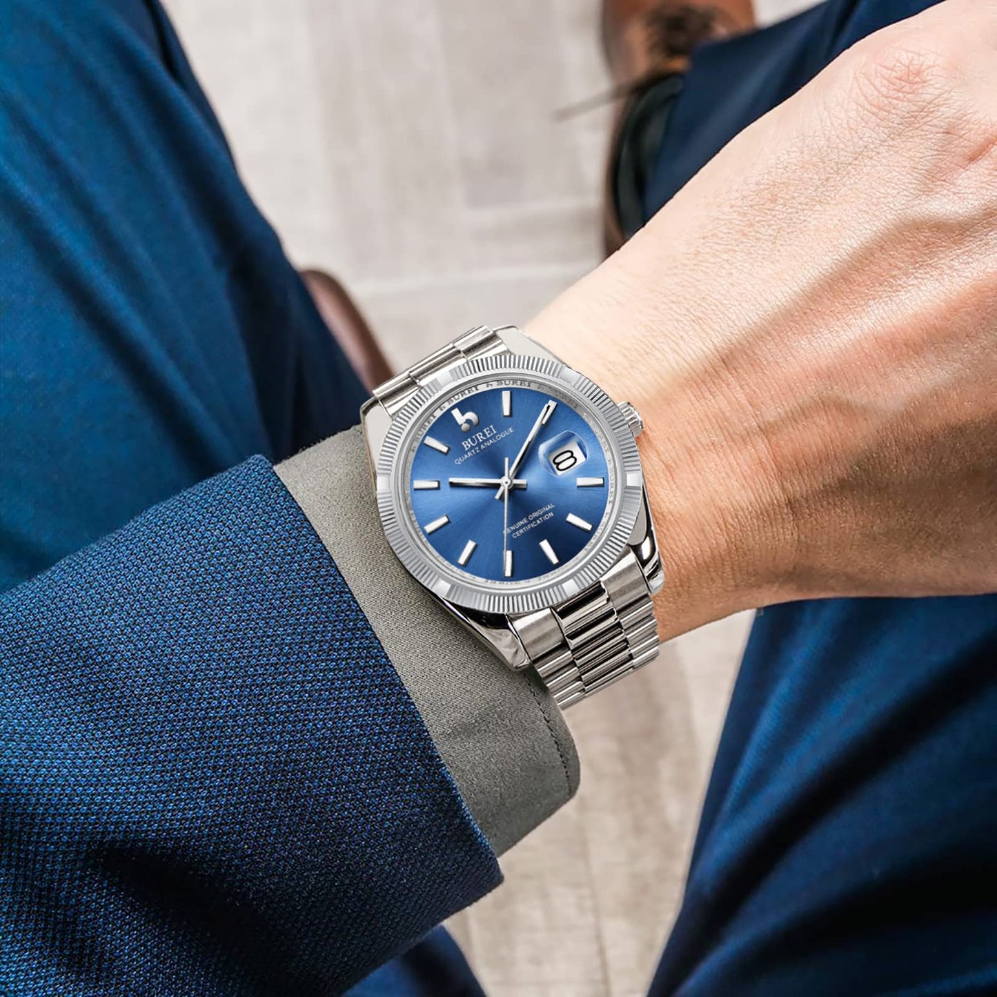 BUREI Herren Uhren Quarz Armbanduhr Datumsanzeige Saphirglas Objektiv mit Zwei Tönen Edelstahlband