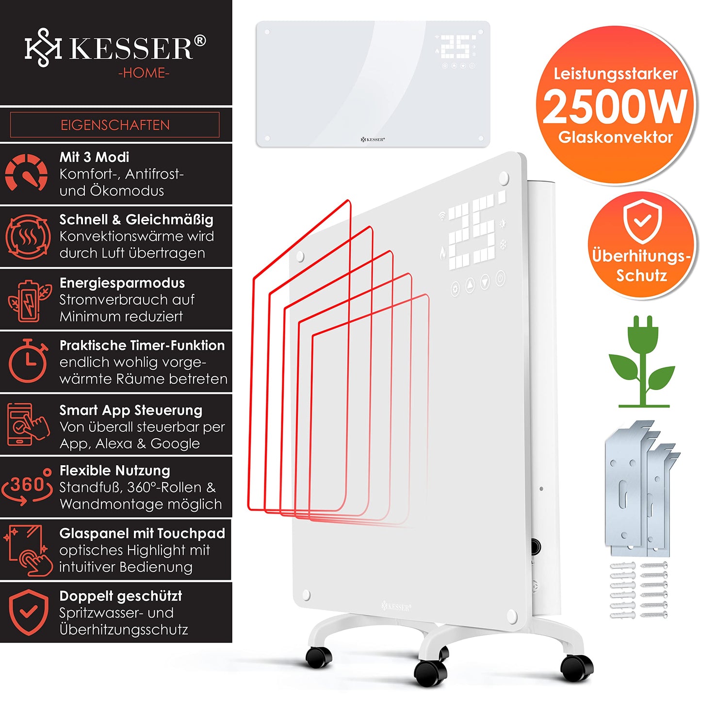 KESSER® Glaskonvektor, Glasheizkörper, elektrischer Heizkörper, WLAN-App-Funktion, inklusive Fernbedienung, Stand- oder Wandheizkörper | Touchscreen | LCD-Display | Timer | 2500 Watt 