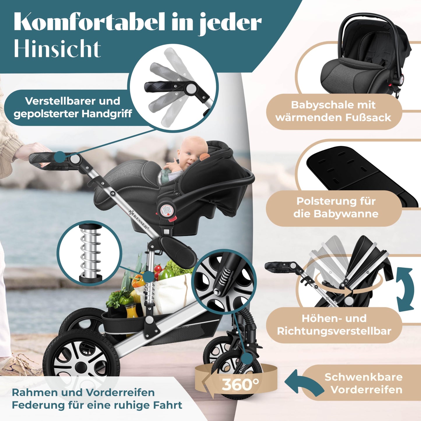 Kesser® Loops 3-in-1 Kombi-Kinderwagen, Komplettset inklusive Babywanne, Buggy-Sportsitz und Babyschale, Vollgummireifen 