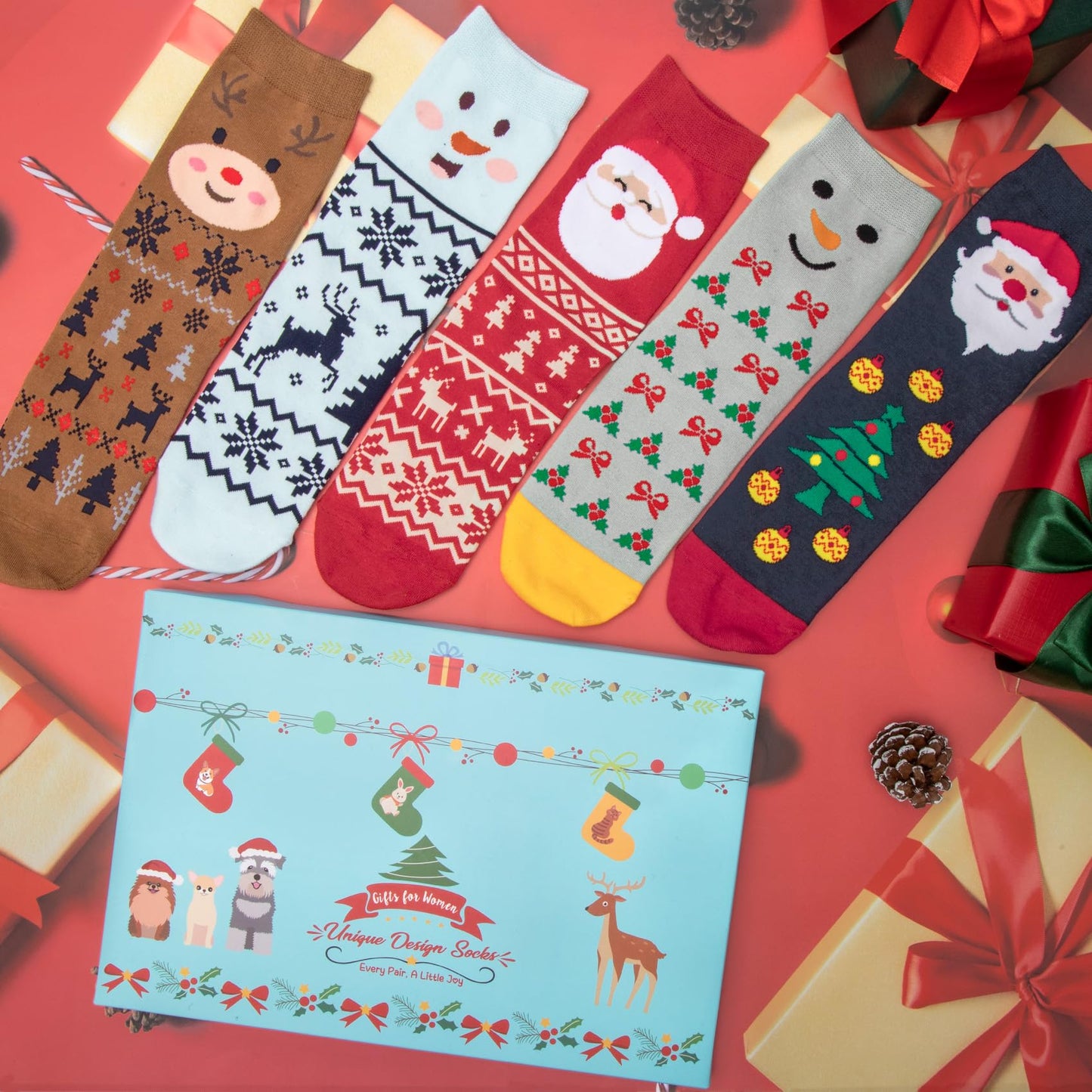 Chalier Cozy 5 Paar Damen Socken Hunde Katzen Motiven, Baumwolle