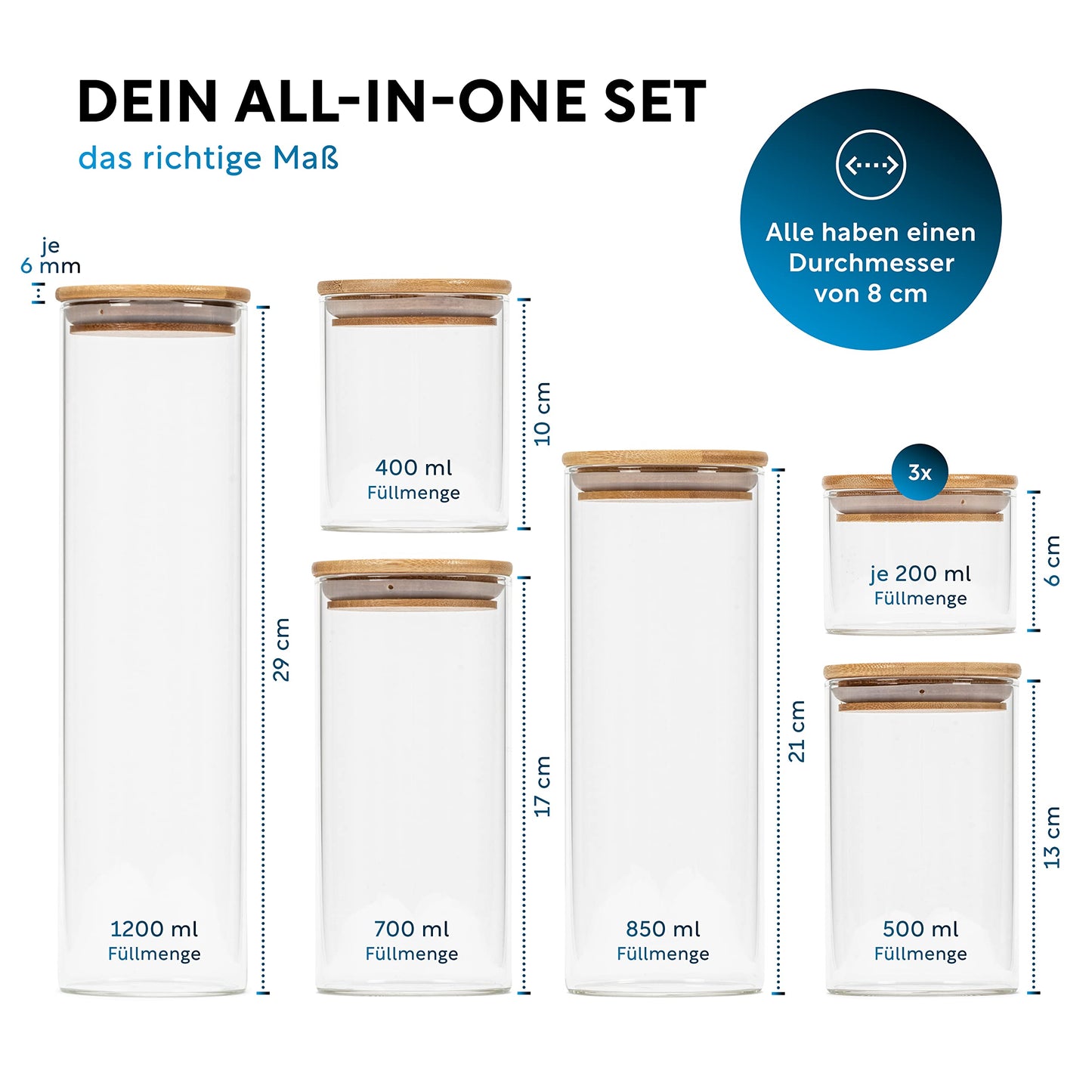 Aufbewahrungsbox Küche für alle Lebensmittel, Küchen Organizer, Vorratsgläser mit Deckel, Eckig - 12er Set, Erhöhte Glasstärke 