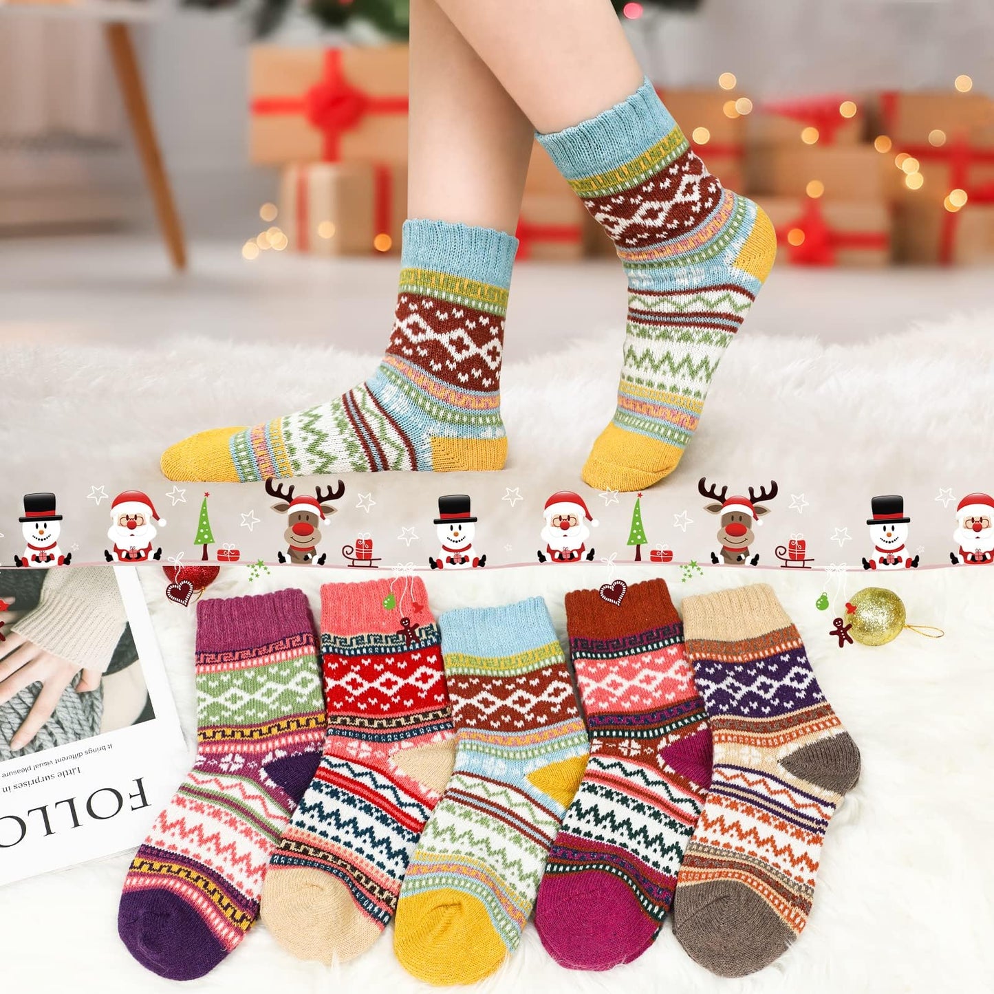 Airabc 5 Paar Damen-Thermosocken, warme Wintersocken, farbenfroh, kuschelig und atmungsaktiv 