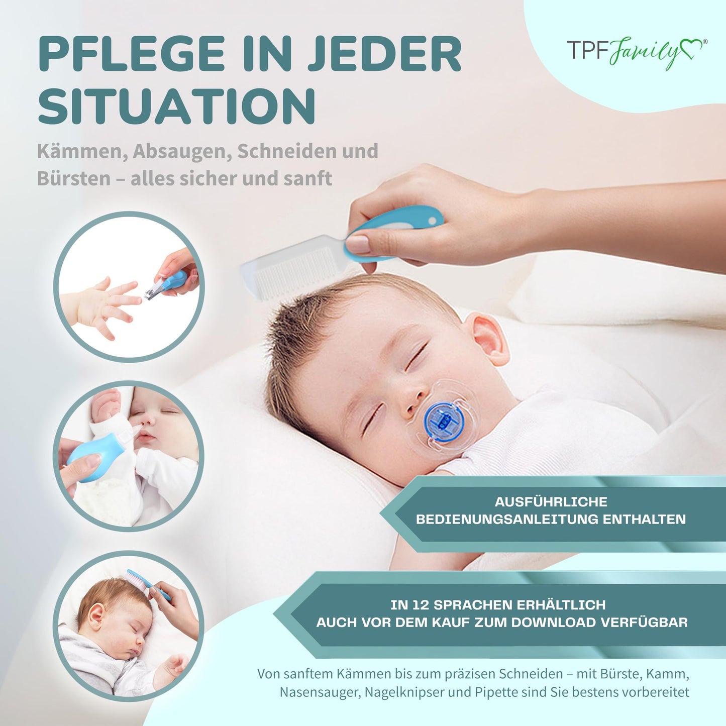 TPFFamily Babypflegeset für Neugeborene (Rosa) – 10-teiliges Set mit hochwertiger Babynagelschere, Nasensauger, Bürste und mehr – Ideal als erste Ausstattung und für die tägliche Pflege 