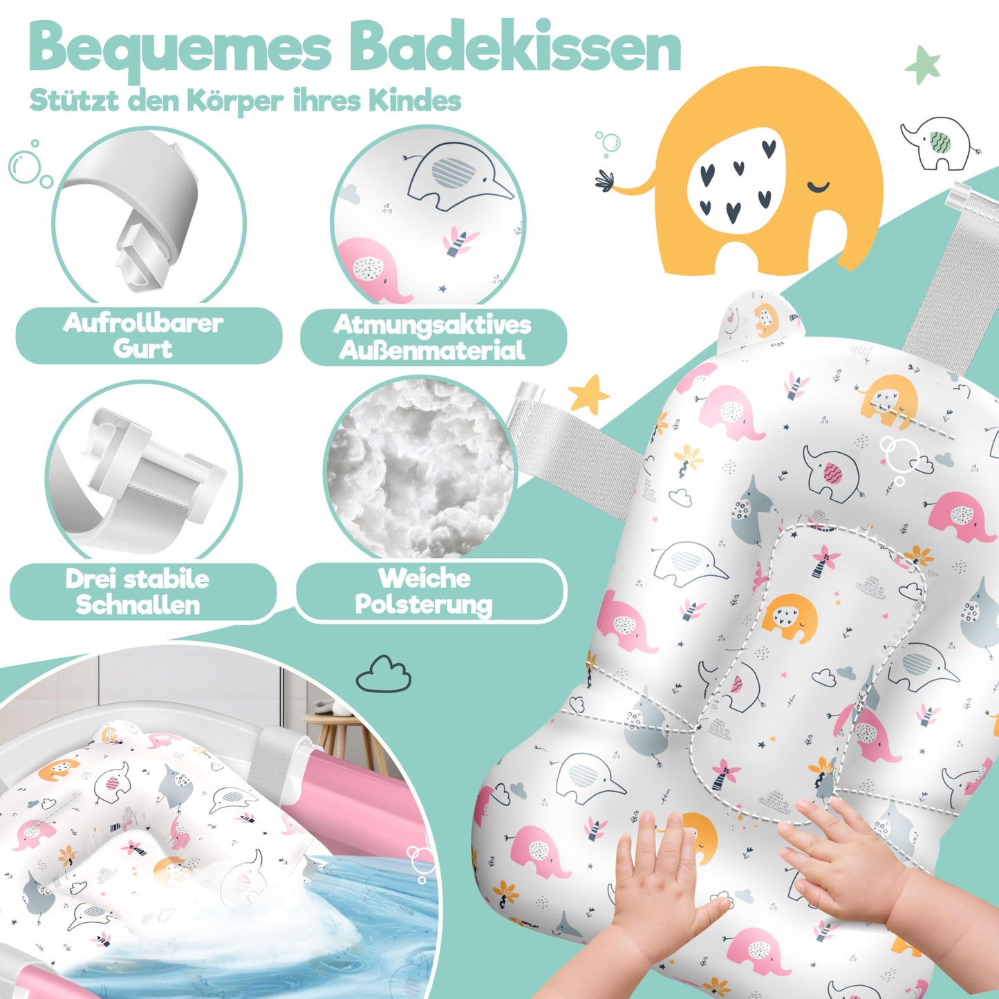 Babybadewanne | Babywanne platzsparend &amp; faltbar mit Thermostat &amp; Kissen 