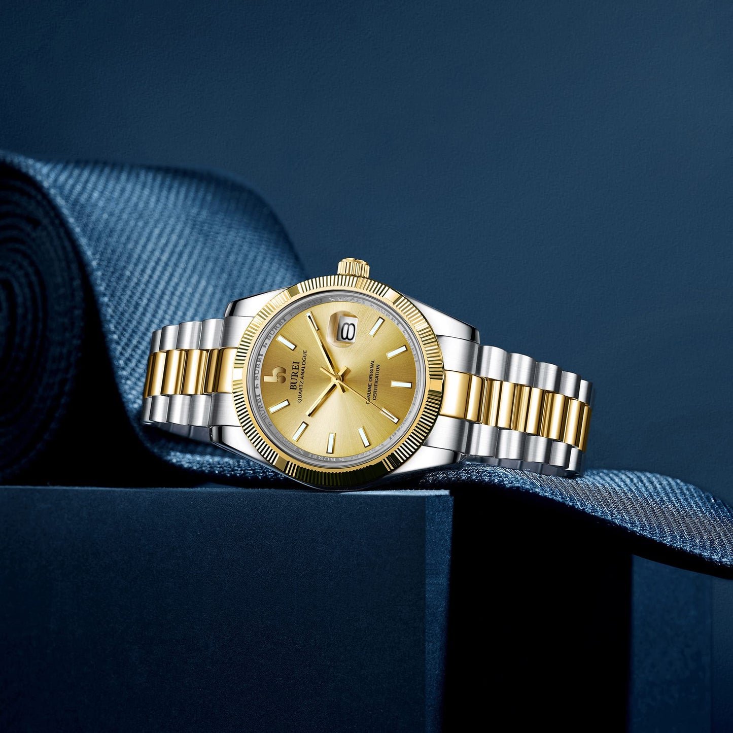 BUREI Herren Uhren Quarz Armbanduhr Datumsanzeige Saphirglas Objektiv mit Zwei Tönen Edelstahlband