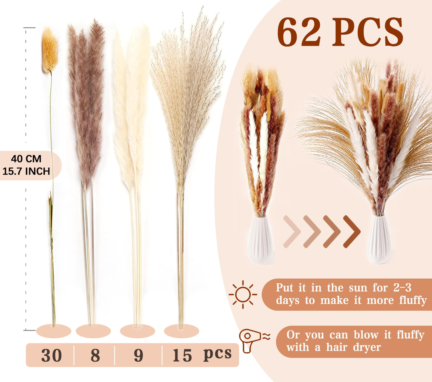 Pampasgras Getrocknet - Natürlich, Braun, Trockenblumen Strauß Dried Flowers, für Heim Decor 