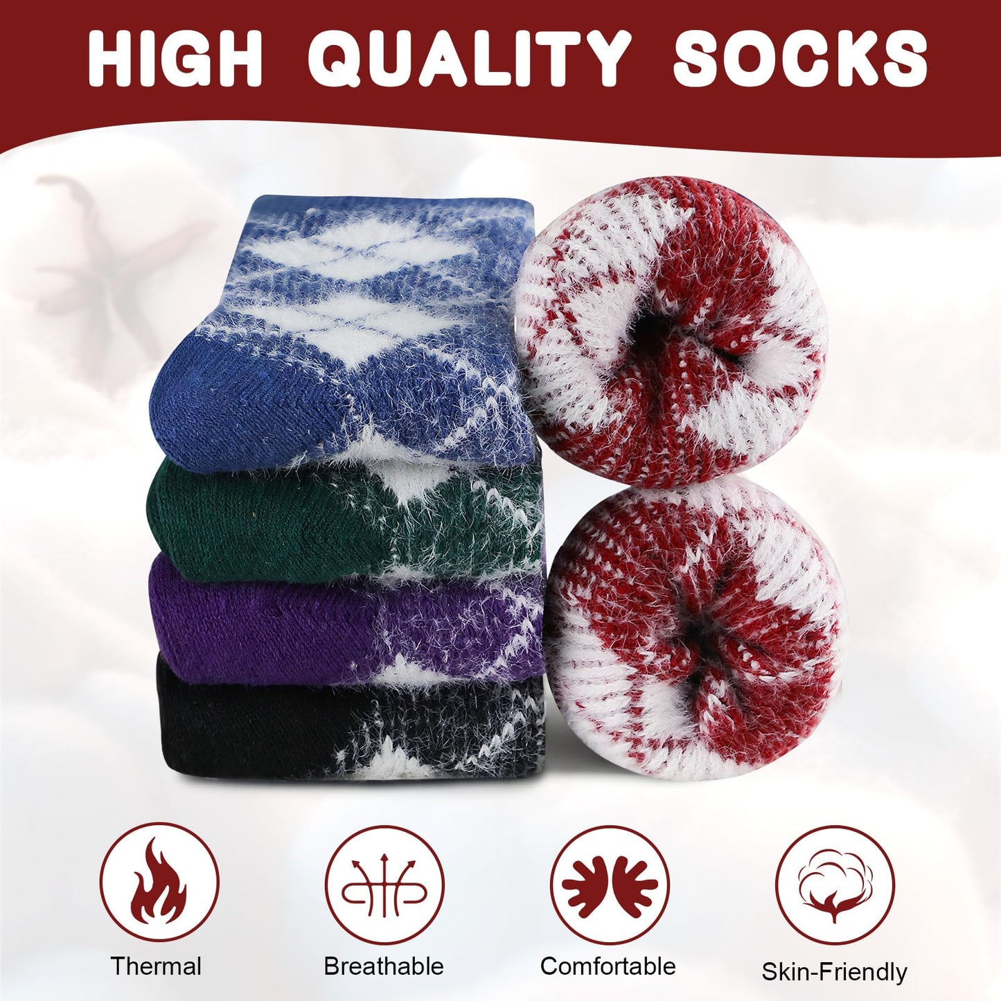 Airabc 5 Paar Damen-Thermosocken, warme Wintersocken, farbenfroh, kuschelig und atmungsaktiv 