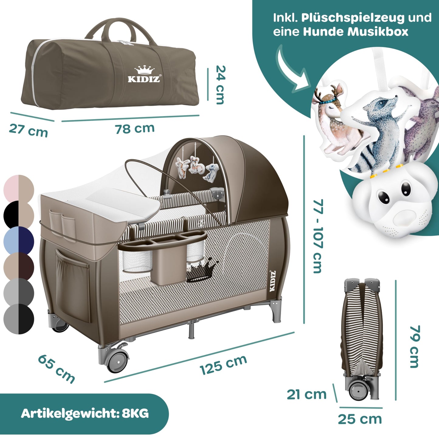 Kidiz Babybett, Reisebett, faltbar mit Matratze und Rollen, 120 x 60 cm, Seiteneingang 