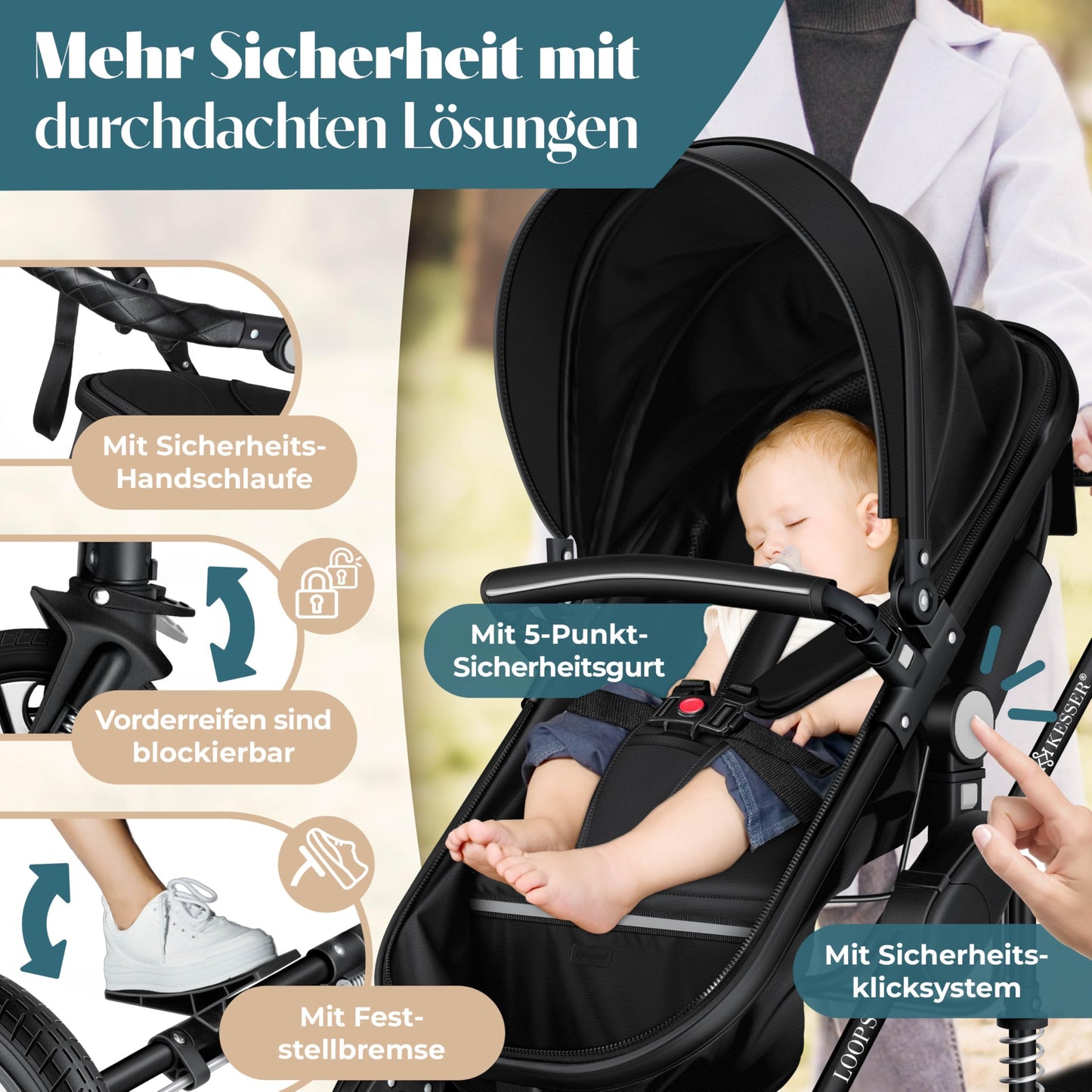 Kesser® Loops 3-in-1 Kombi-Kinderwagen, Komplettset inklusive Babywanne, Buggy-Sportsitz und Babyschale, Vollgummireifen 