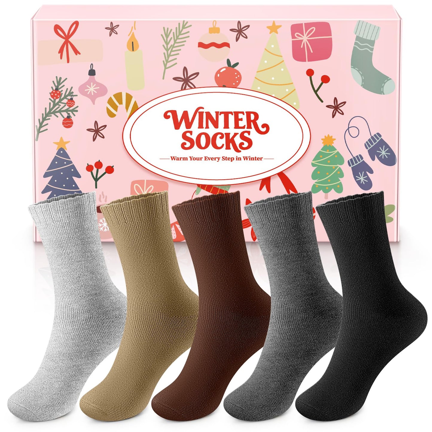 Airabc 5 Paar Damen-Thermosocken, warme Wintersocken, farbenfroh, kuschelig und atmungsaktiv 