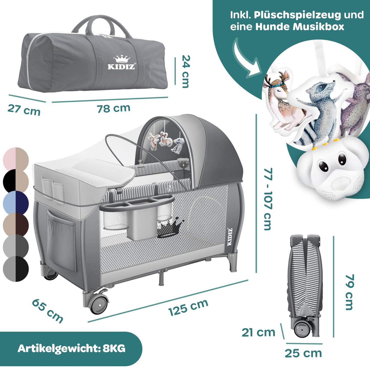 Kidiz Babybett, Reisebett, faltbar mit Matratze und Rollen, 120 x 60 cm, Seiteneingang 