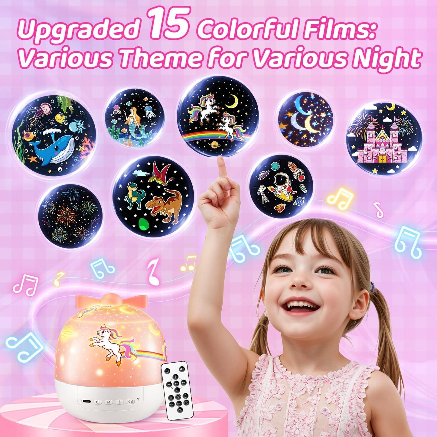 Sternenhimmel Projektor Kinder mit 15 Film, Nachtlicht Baby,Bluetooth,LED Projektor 