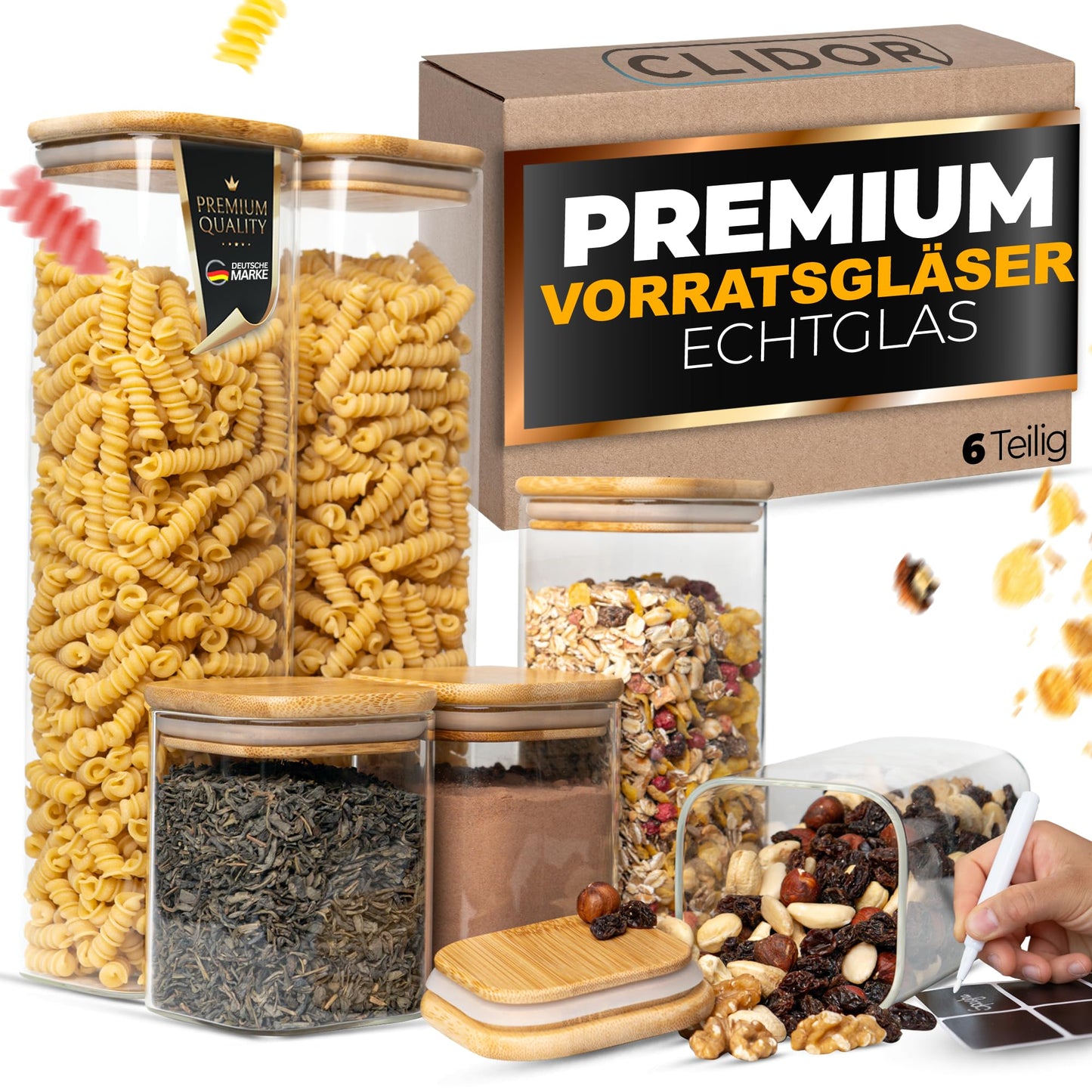 Aufbewahrungsbox Küche für alle Lebensmittel, Küchen Organizer, Vorratsgläser mit Deckel, Eckig - 12er Set, Erhöhte Glasstärke 