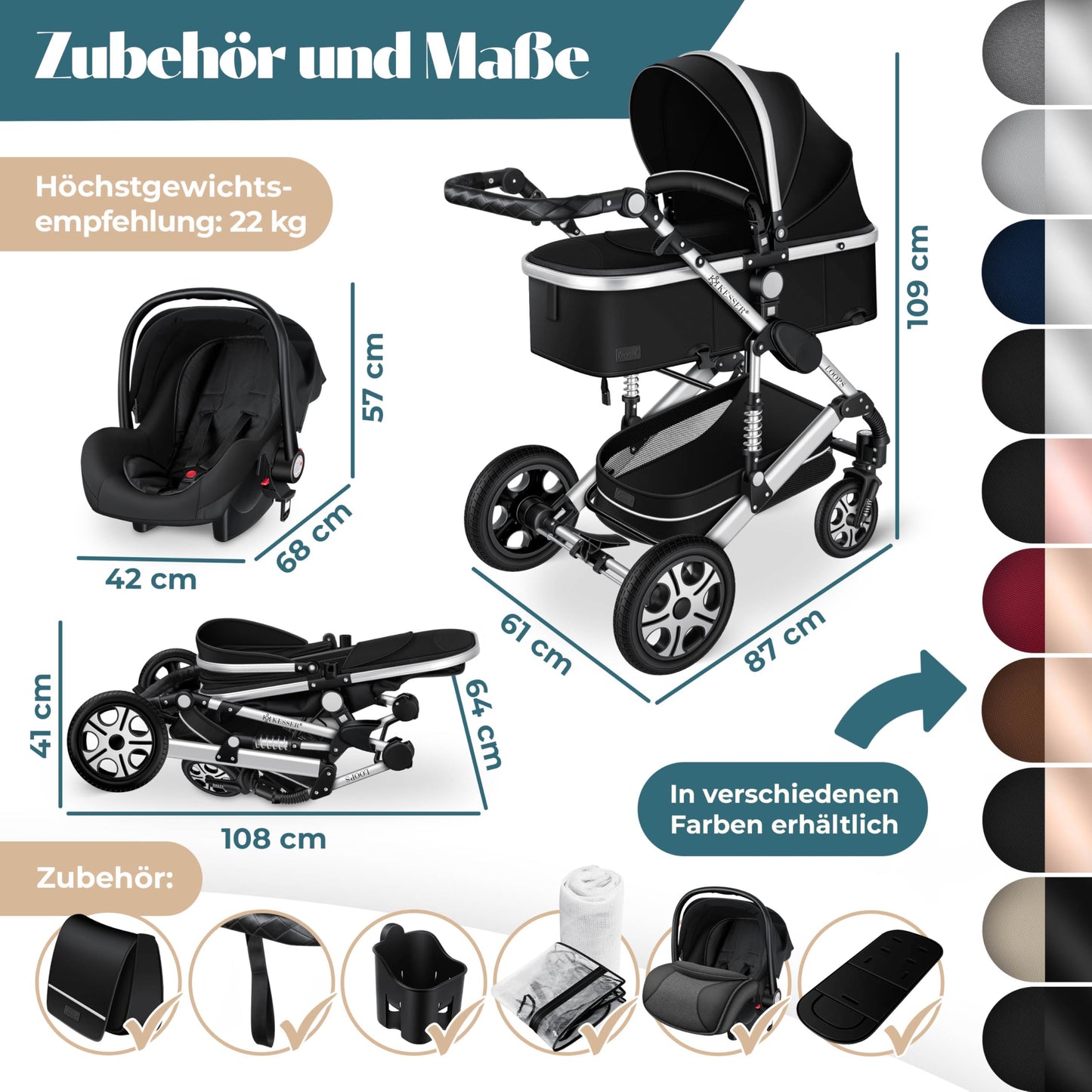 Kesser® Loops 3-in-1 Kombi-Kinderwagen, Komplettset inklusive Babywanne, Buggy-Sportsitz und Babyschale, Vollgummireifen 