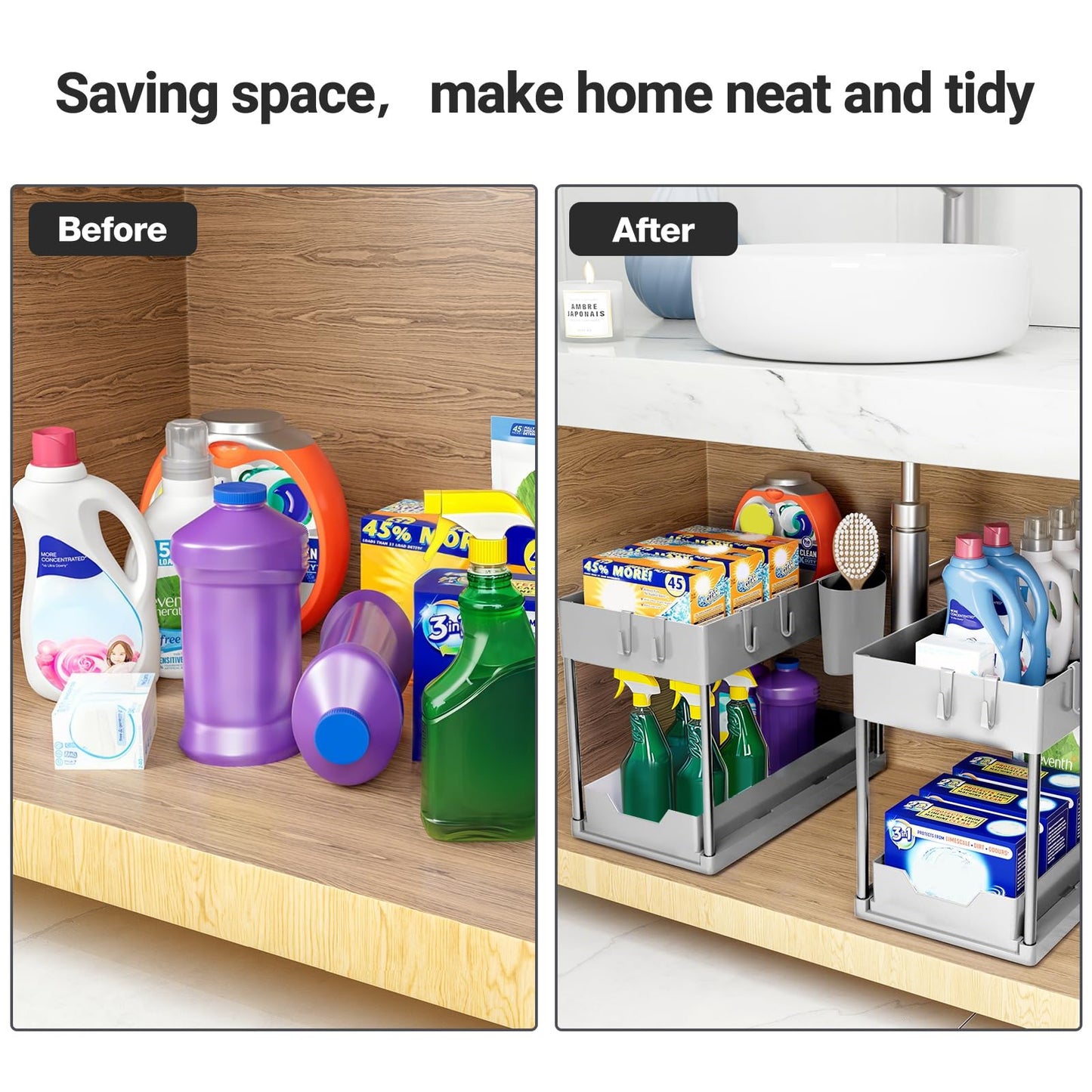 Puricon Unter Waschbecken Regal Spülschrank Organizer, 2 Etagen Standregal Küche Arbeitsplatte Regal Organizer 