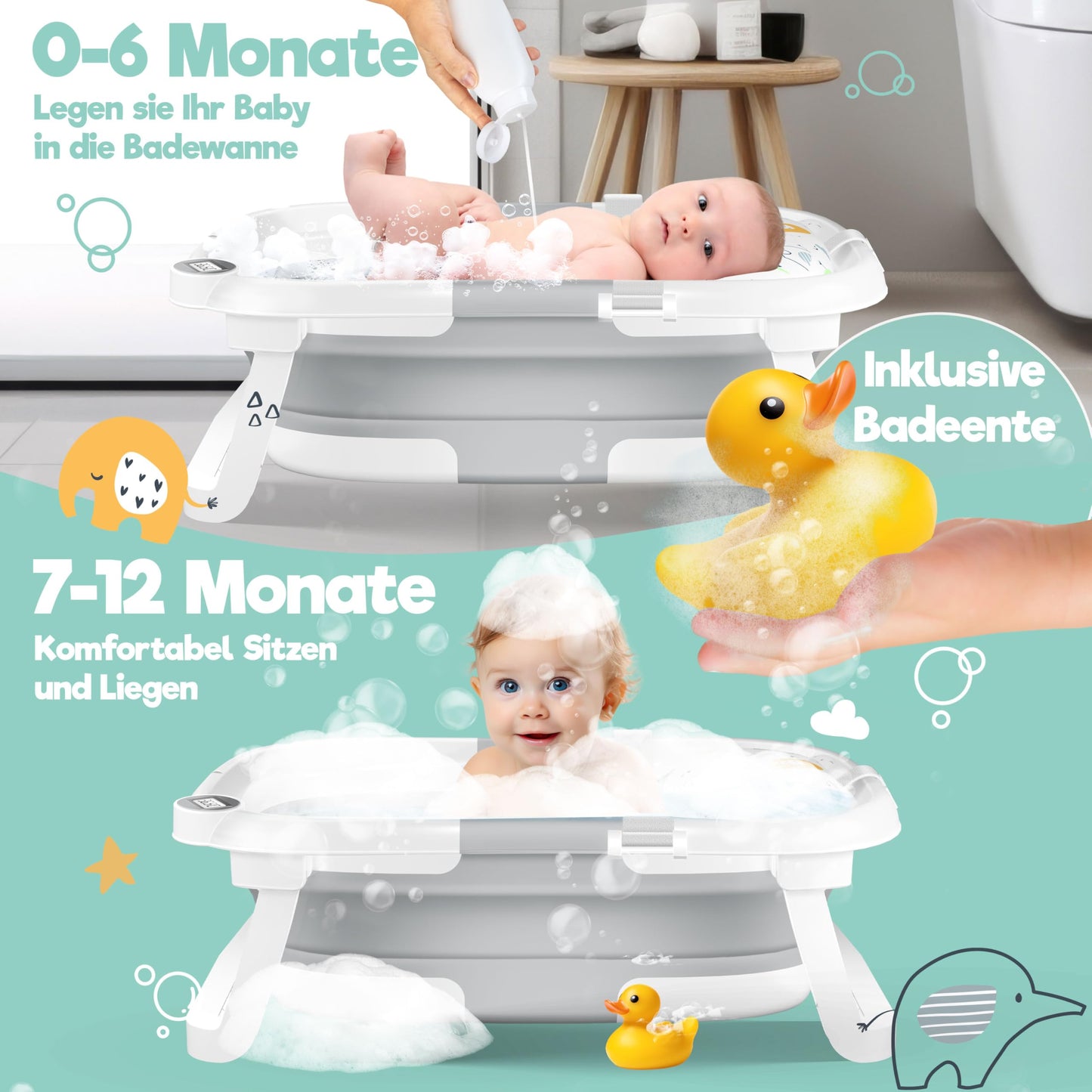 Babybadewanne | Babywanne platzsparend &amp; faltbar mit Thermostat &amp; Kissen 