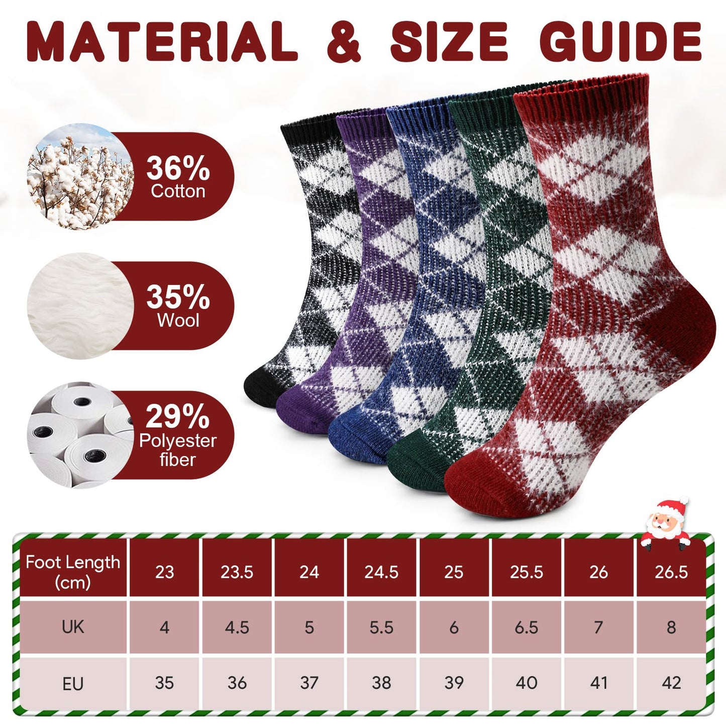 Airabc 5 Paar Damen-Thermosocken, warme Wintersocken, farbenfroh, kuschelig und atmungsaktiv 