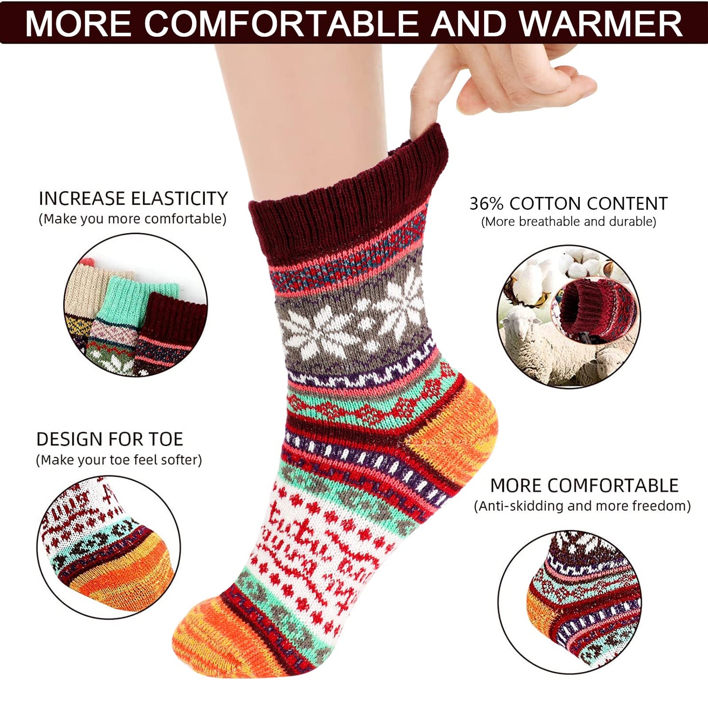 Airabc 5 Paar Damen-Thermosocken, warme Wintersocken, farbenfroh, kuschelig und atmungsaktiv 