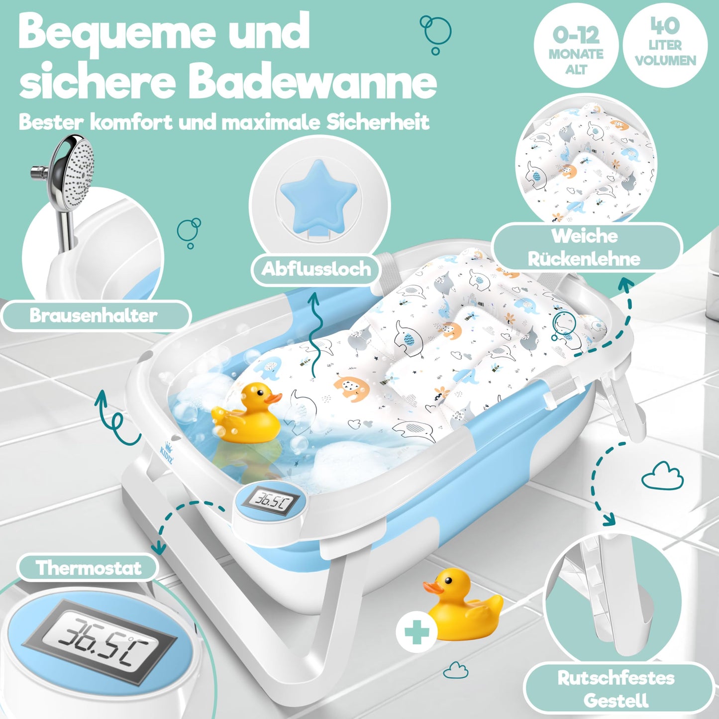 Babybadewanne | Babywanne platzsparend &amp; faltbar mit Thermostat &amp; Kissen 
