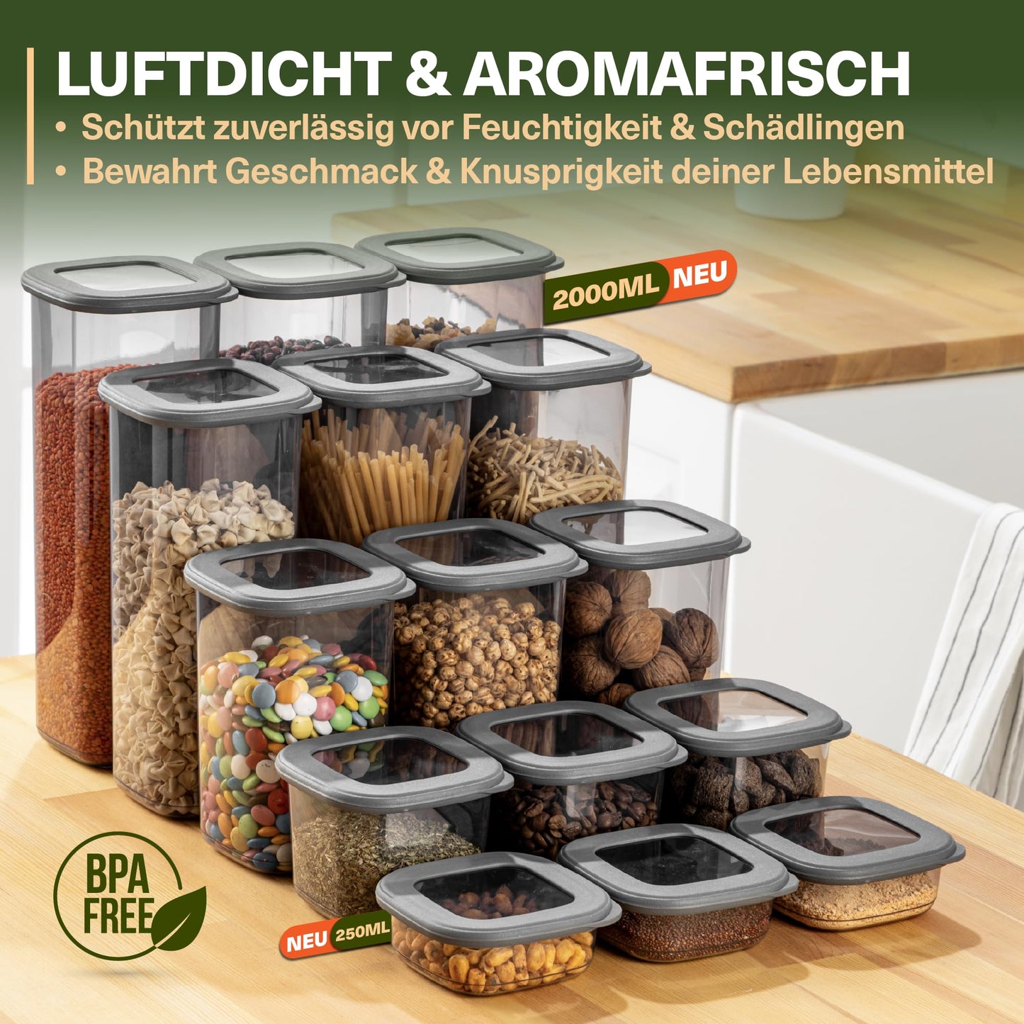 Lebensmittelaufbewahrungsbehälter, Vorratsdosen mit luftdichtem Deckel, praktischer Organizer für die Küche 