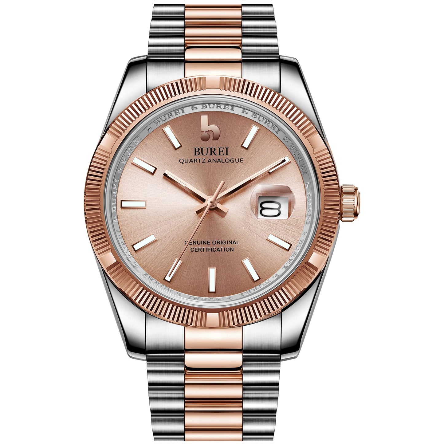 BUREI Herren Uhren Quarz Armbanduhr Datumsanzeige Saphirglas Objektiv mit Zwei Tönen Edelstahlband