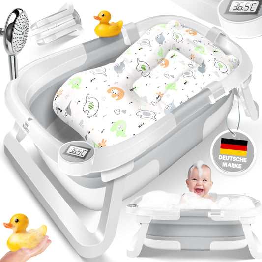 Babybadewanne | Babywanne platzsparend &amp; faltbar mit Thermostat &amp; Kissen 