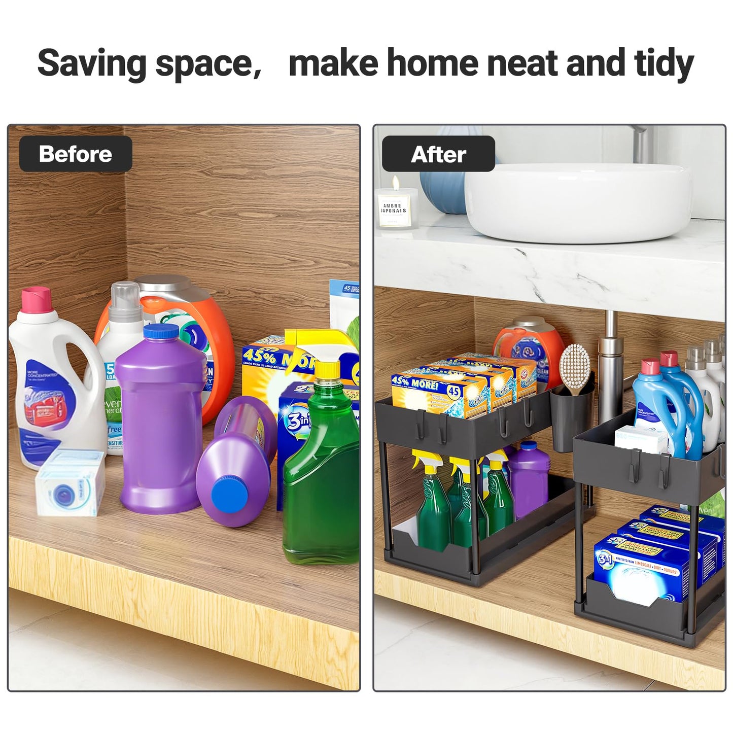 Puricon Unter Waschbecken Regal Spülschrank Organizer, 2 Etagen Standregal Küche Arbeitsplatte Regal Organizer 