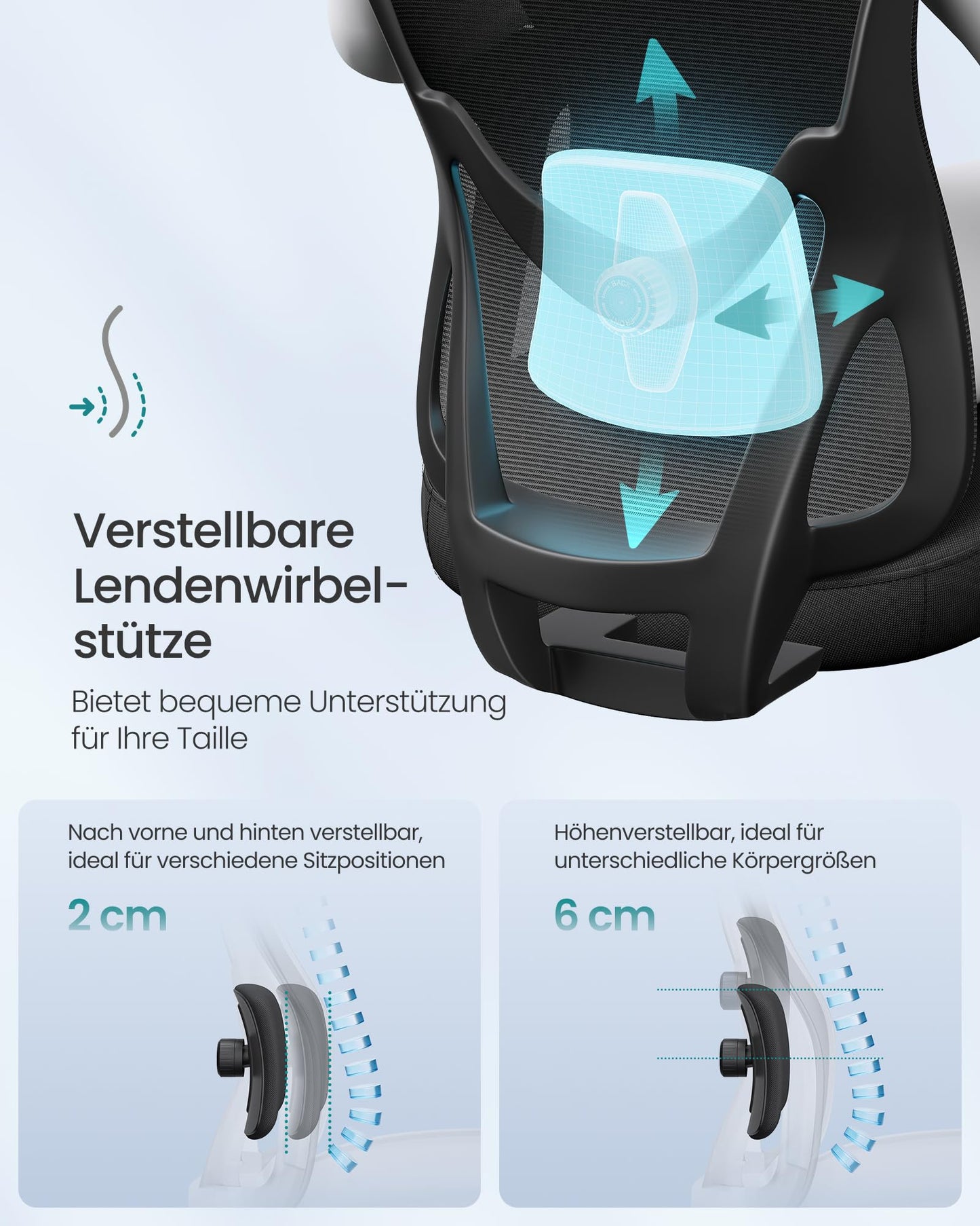 SONGMICS Bürostuhl ergonomisch, Schreibtischstuhl, Computerstuhl, verstellbare Lenden- und Kopfstütze, höhenverstellbar, tintenschwarz