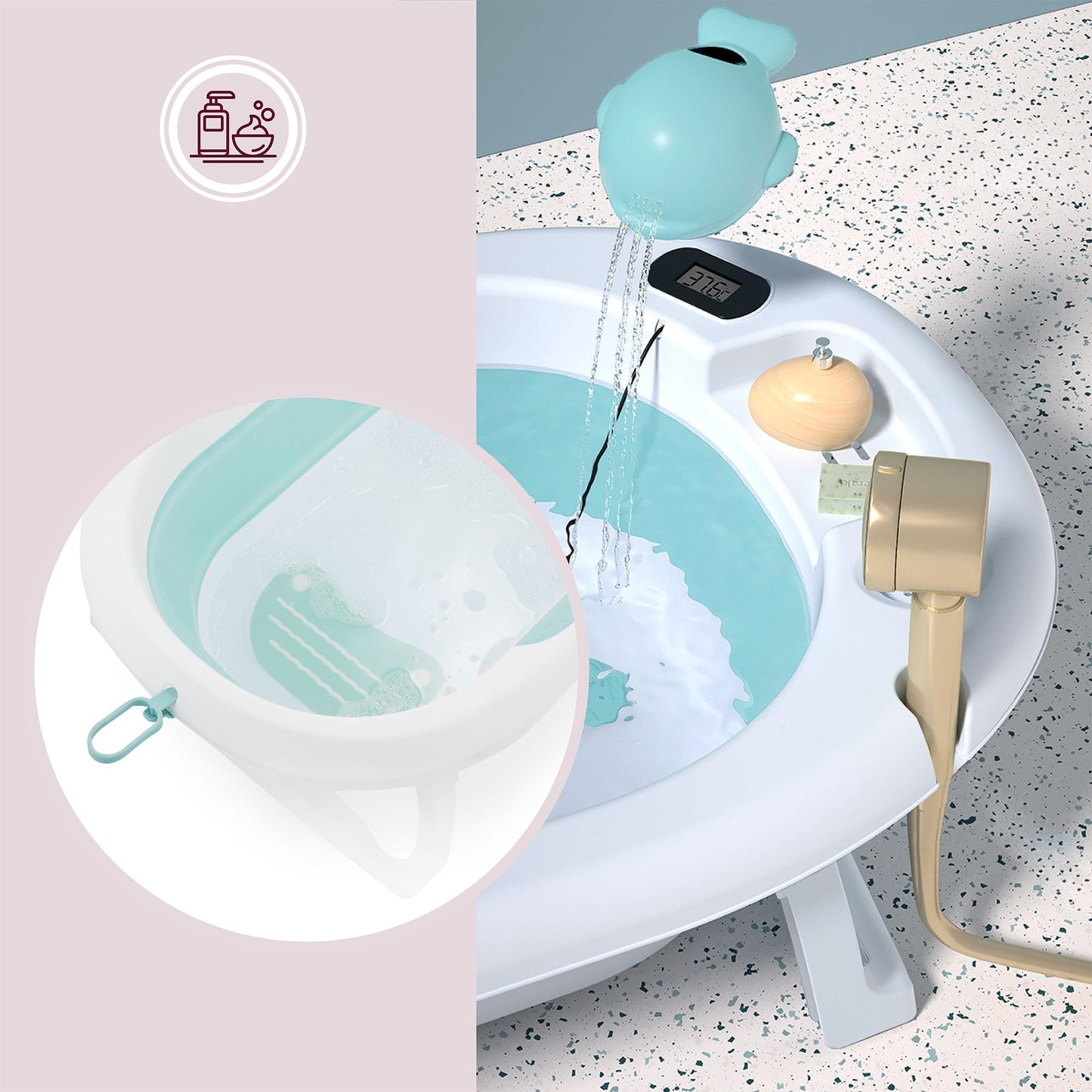 Faltbare Babybadewanne von Moby-System mit Einsatz, LCD-Thermometer und Rahmen – sicherer Halt ab Geburt, ergonomisch 