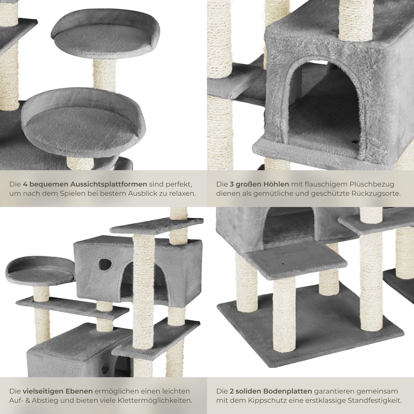 tectake® Katzen Kratzbaum mit Zubehör für Katze groß XXL, Spielturm mit Kratzsäule 