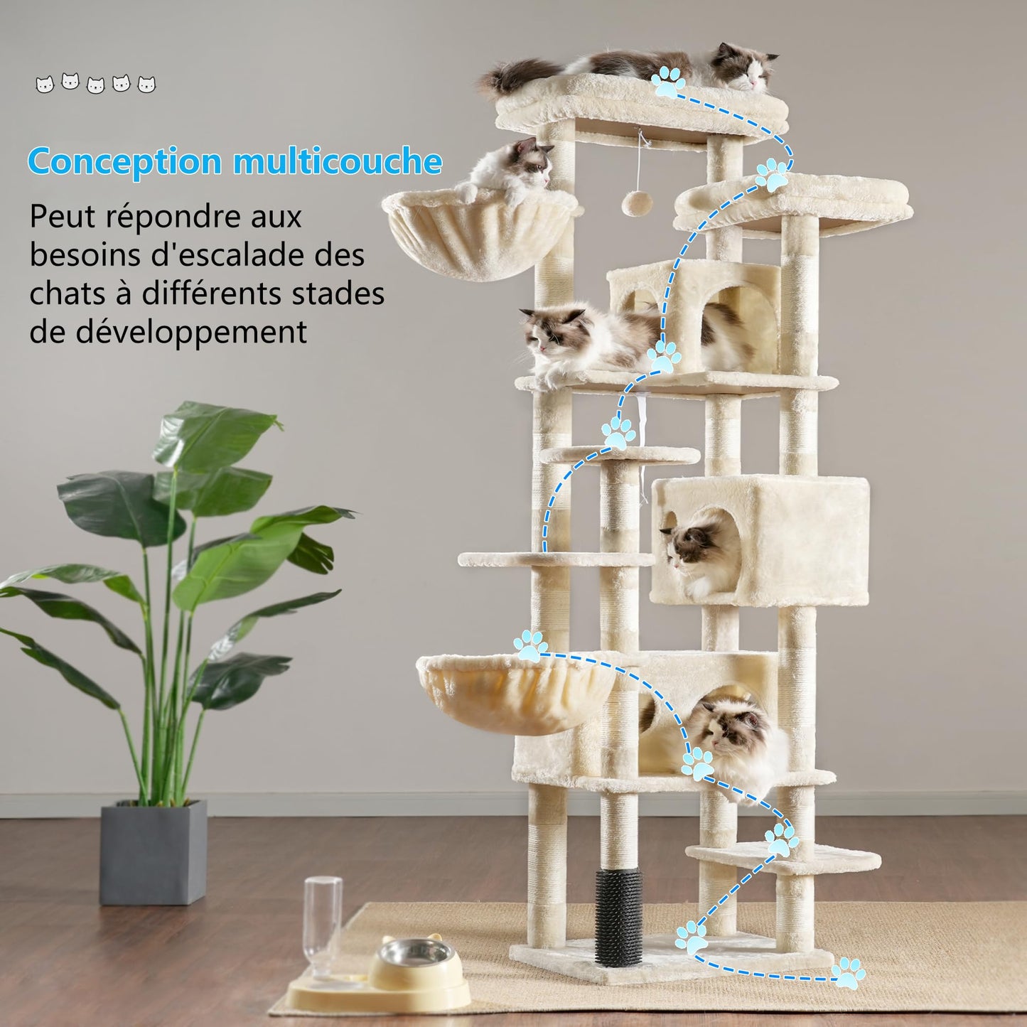 XXL Kratzbaum mit 2 großen Plattformen, 3 Höhlen, 2 Körben, Plüschbälle und Sisal-Kratzbäumen 