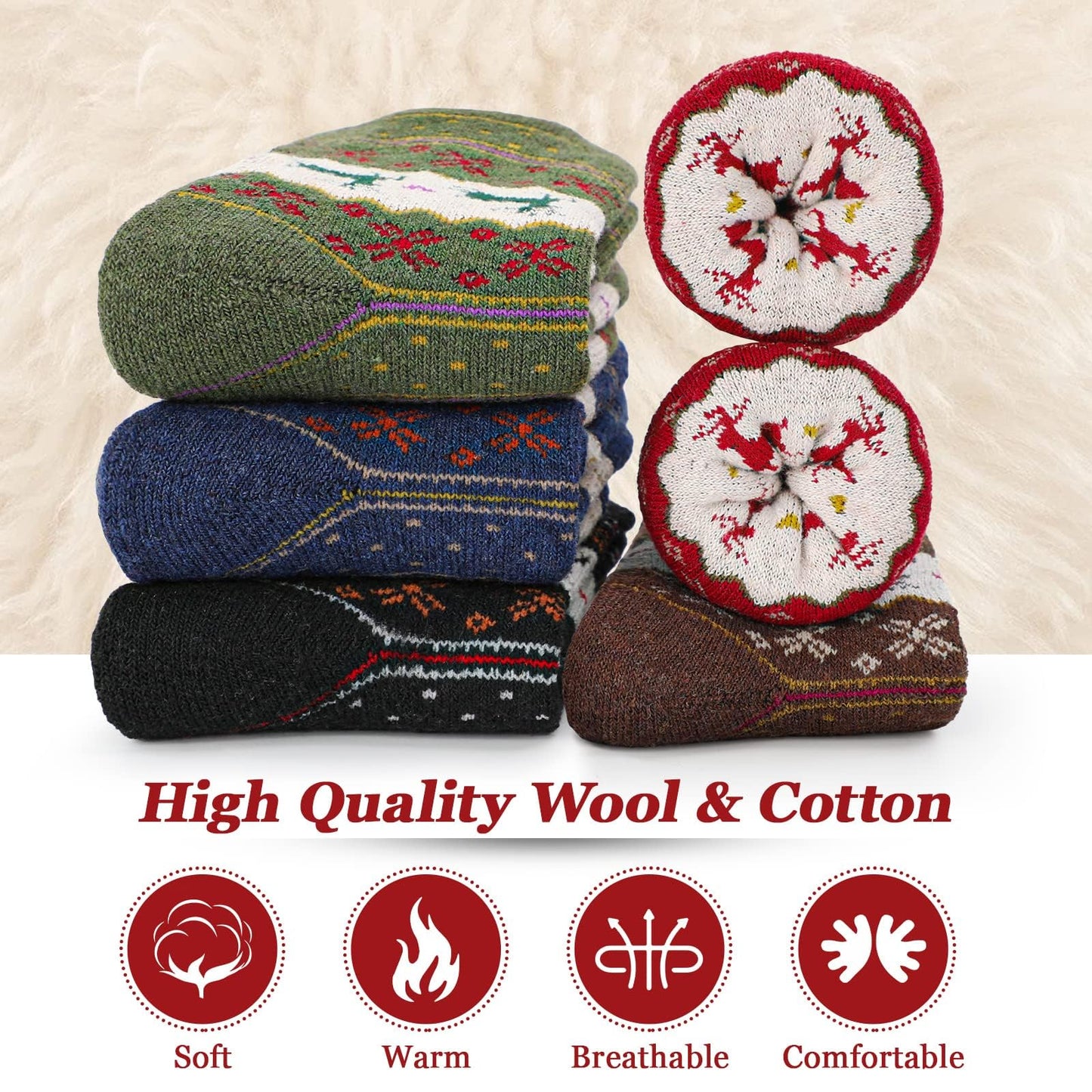 Airabc 5 Paar Damen-Thermosocken, warme Wintersocken, farbenfroh, kuschelig und atmungsaktiv 