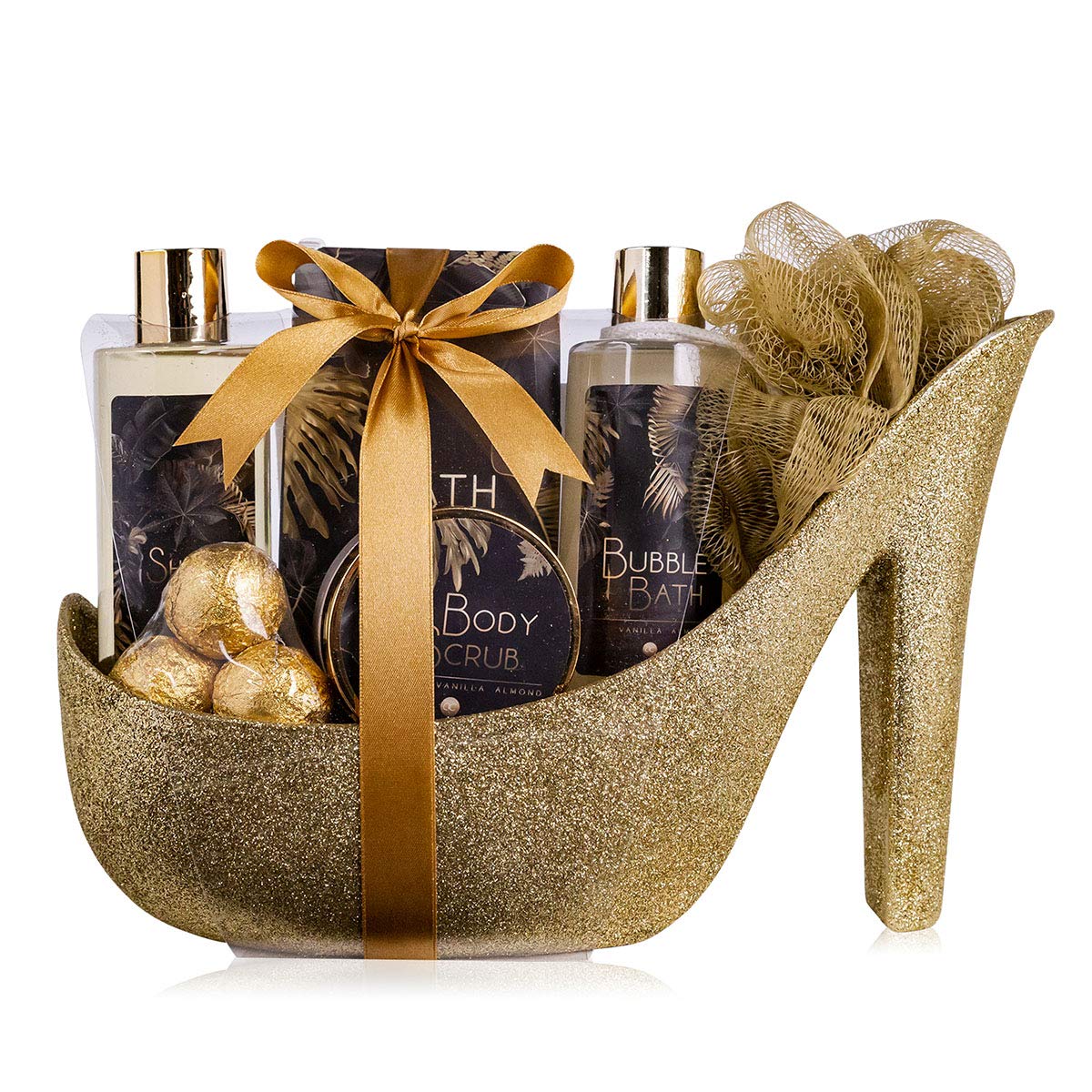 Accentra Luxus-Bade-Set, Geschenkset mit wunderschönen goldenen Glitzerpumps, 9-teiliges Luxus-Schönheitsset 