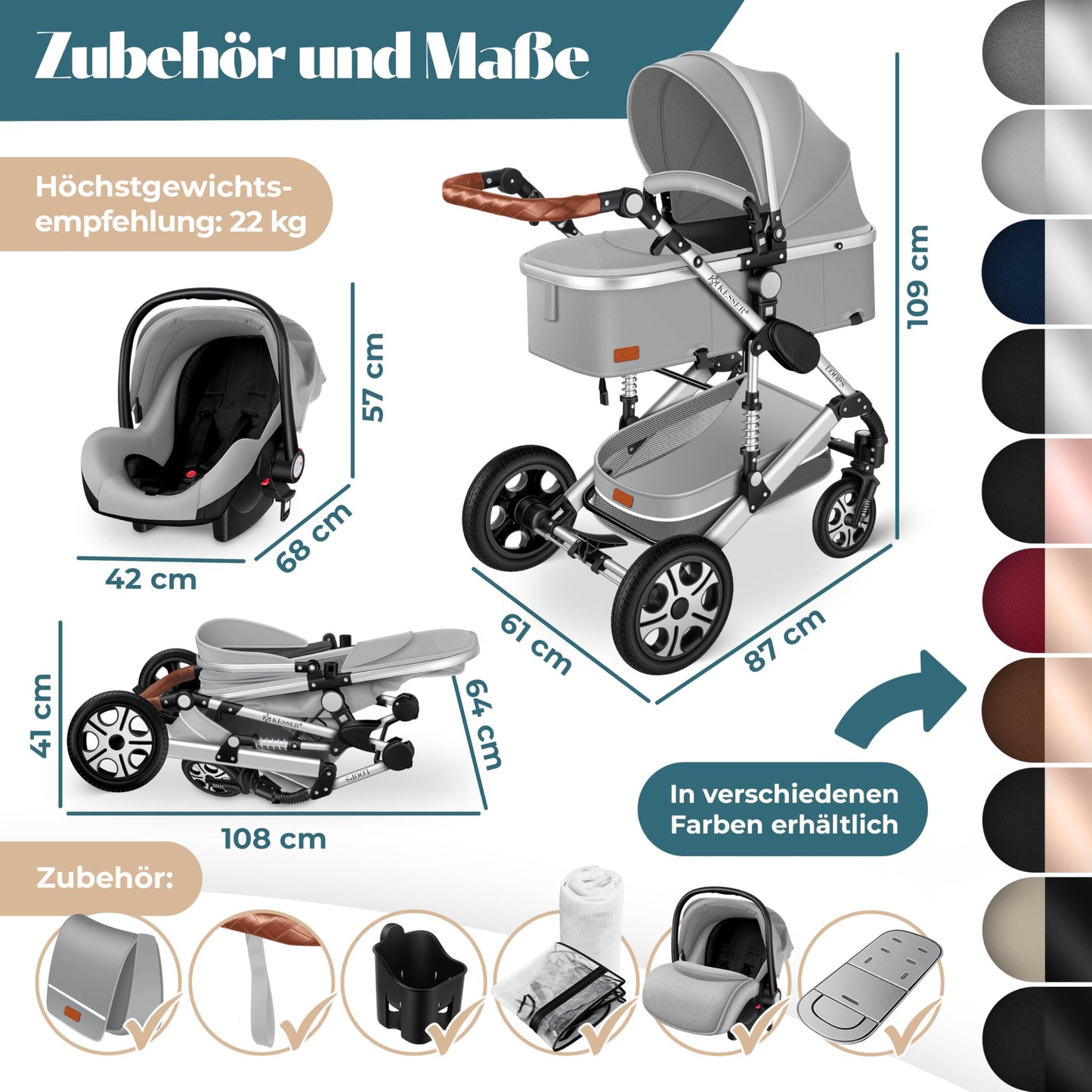 Kesser® Loops 3-in-1 Kombi-Kinderwagen, Komplettset inklusive Babywanne, Buggy-Sportsitz und Babyschale, Vollgummireifen 