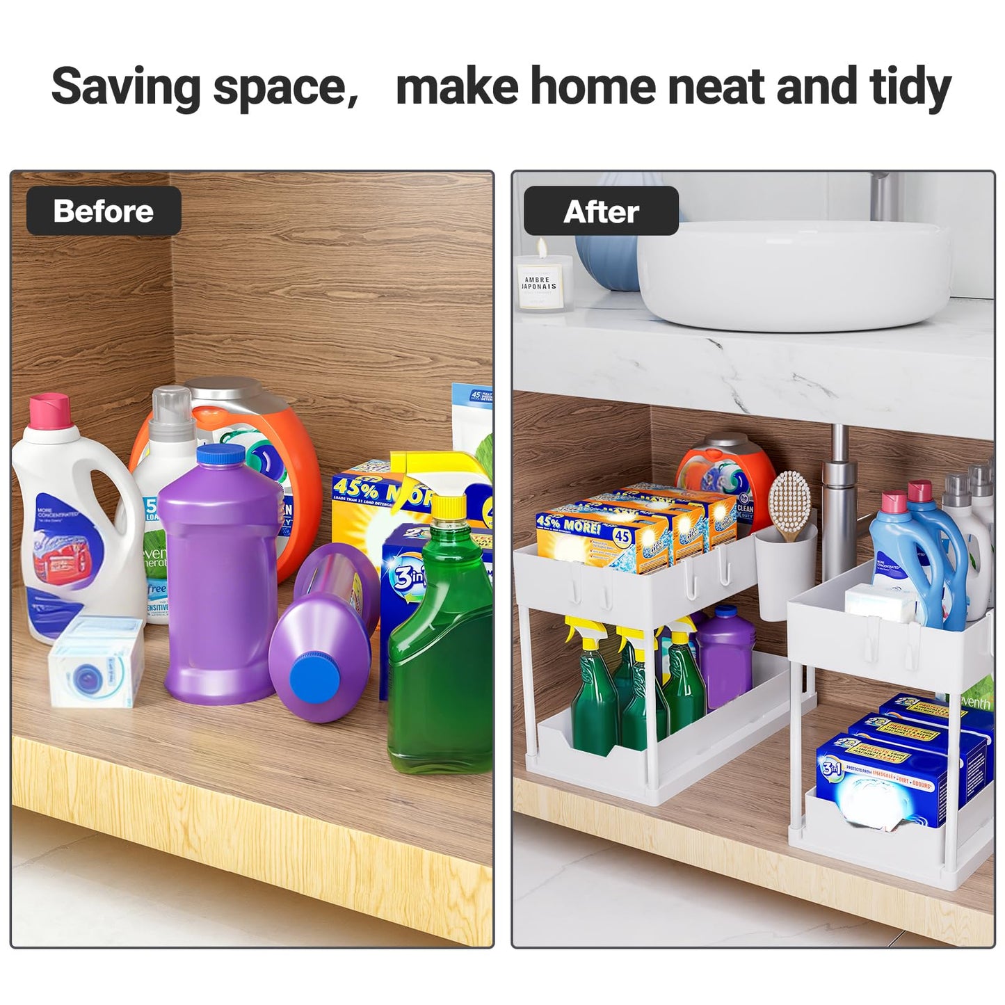 Puricon Unter Waschbecken Regal Spülschrank Organizer, 2 Etagen Standregal Küche Arbeitsplatte Regal Organizer 