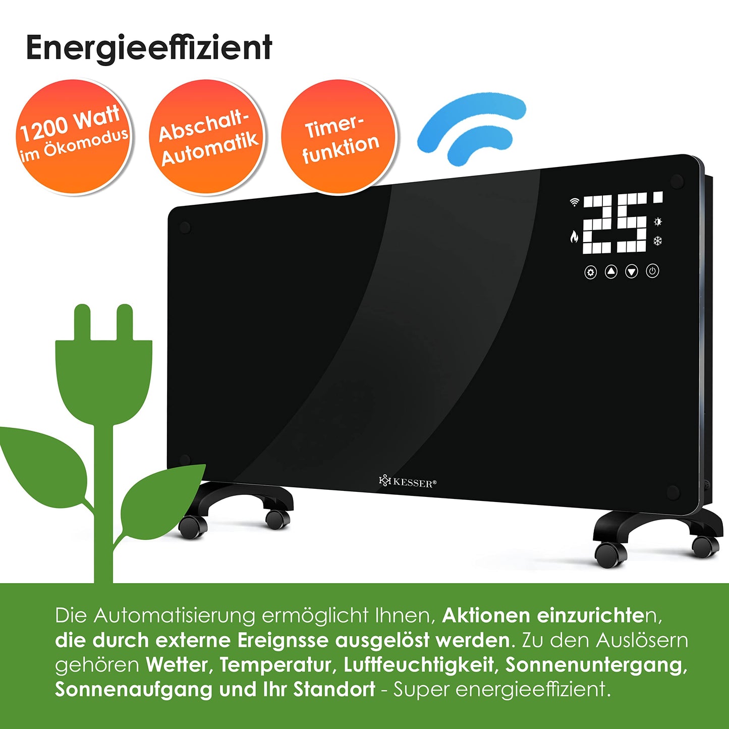 KESSER® Glaskonvektor, Glasheizkörper, elektrischer Heizkörper, WLAN-App-Funktion, inklusive Fernbedienung, Stand- oder Wandheizkörper | Touchscreen | LCD-Display | Timer | 2500 Watt 