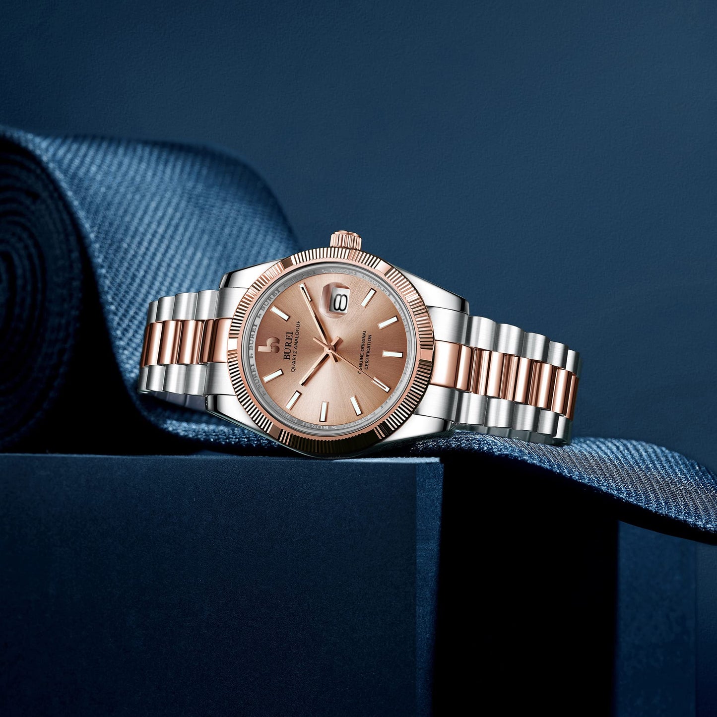 BUREI Herren Uhren Quarz Armbanduhr Datumsanzeige Saphirglas Objektiv mit Zwei Tönen Edelstahlband