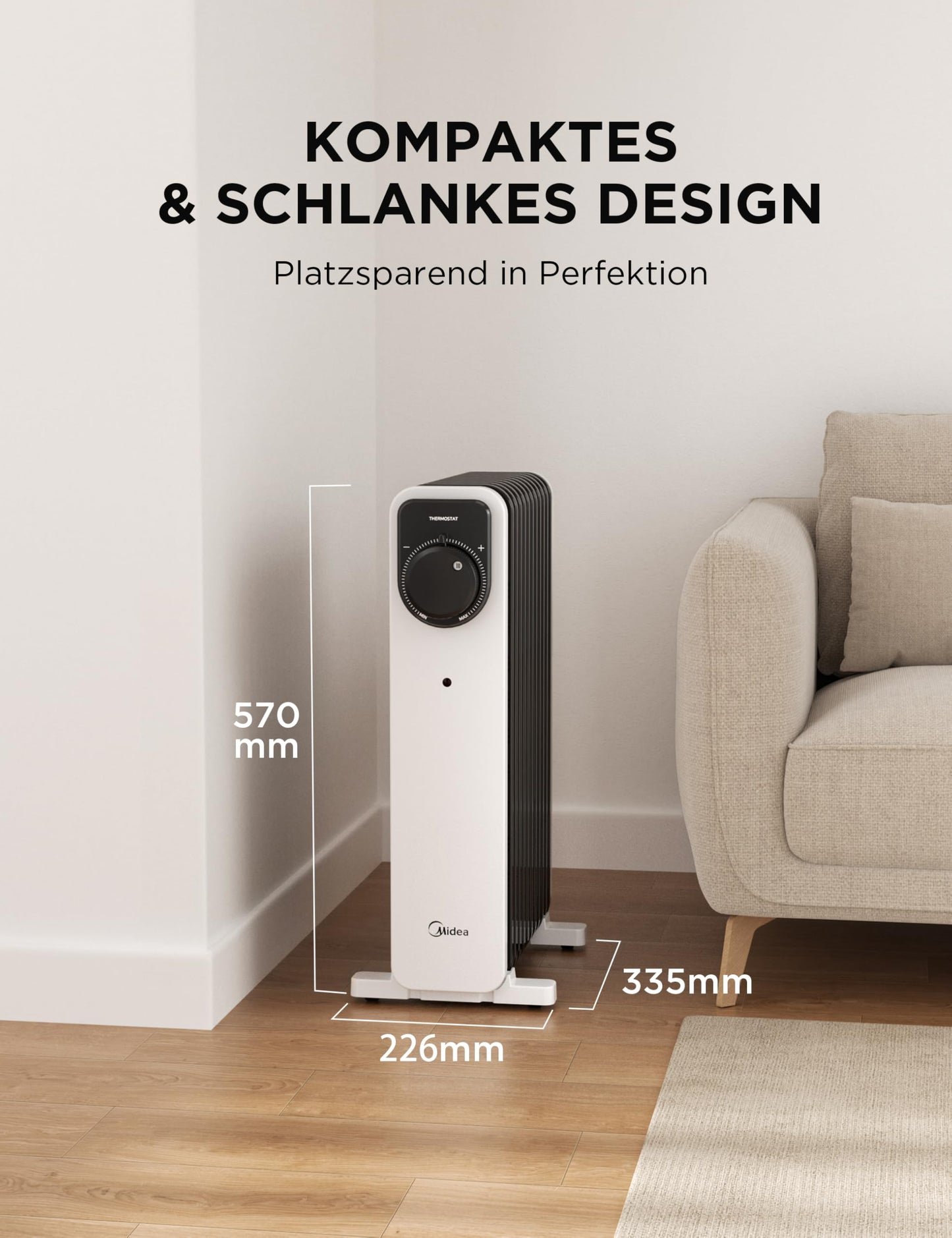 2300W 11 Rippen tragbarer Elektroheizer mit Drehknopfregelung und einstellbarem Thermostat, 3 Heizstufen, Kipp- und Überhitzungsschutz, ultraleicht im Büro &amp; Zuhause