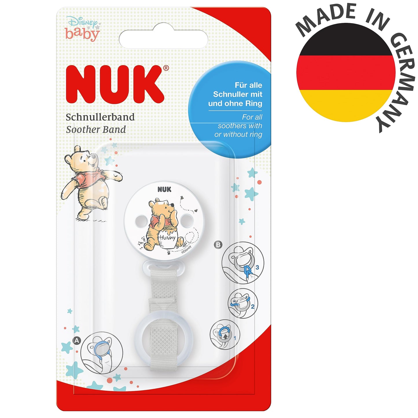 NUK Disney Winnie Puuh Schnullerband &amp; Clip | Für alle Schnuller mit und ohne Ring 