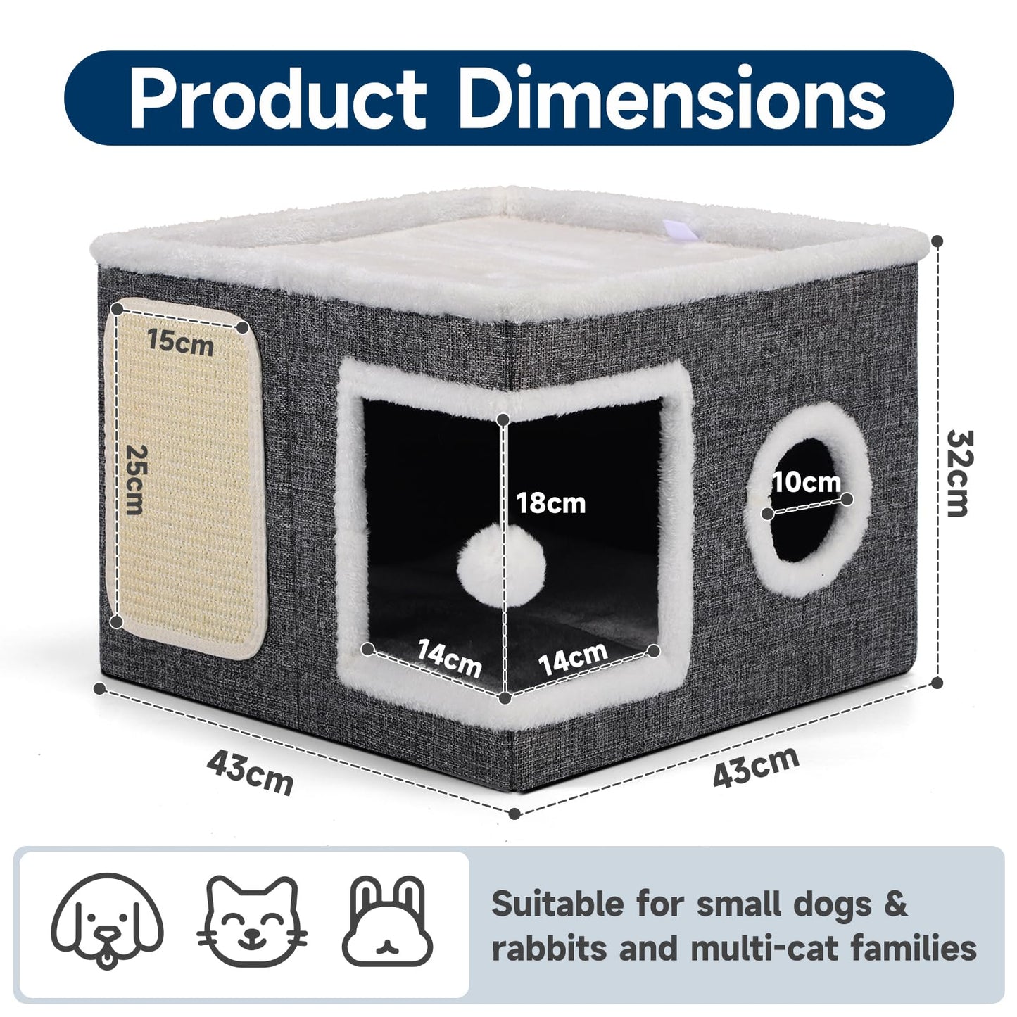 Faltbares Katzenhaus, mit Kratzbrett und Spielball, Katzenhaus Höhle für kleine und mittlere Haustiere 