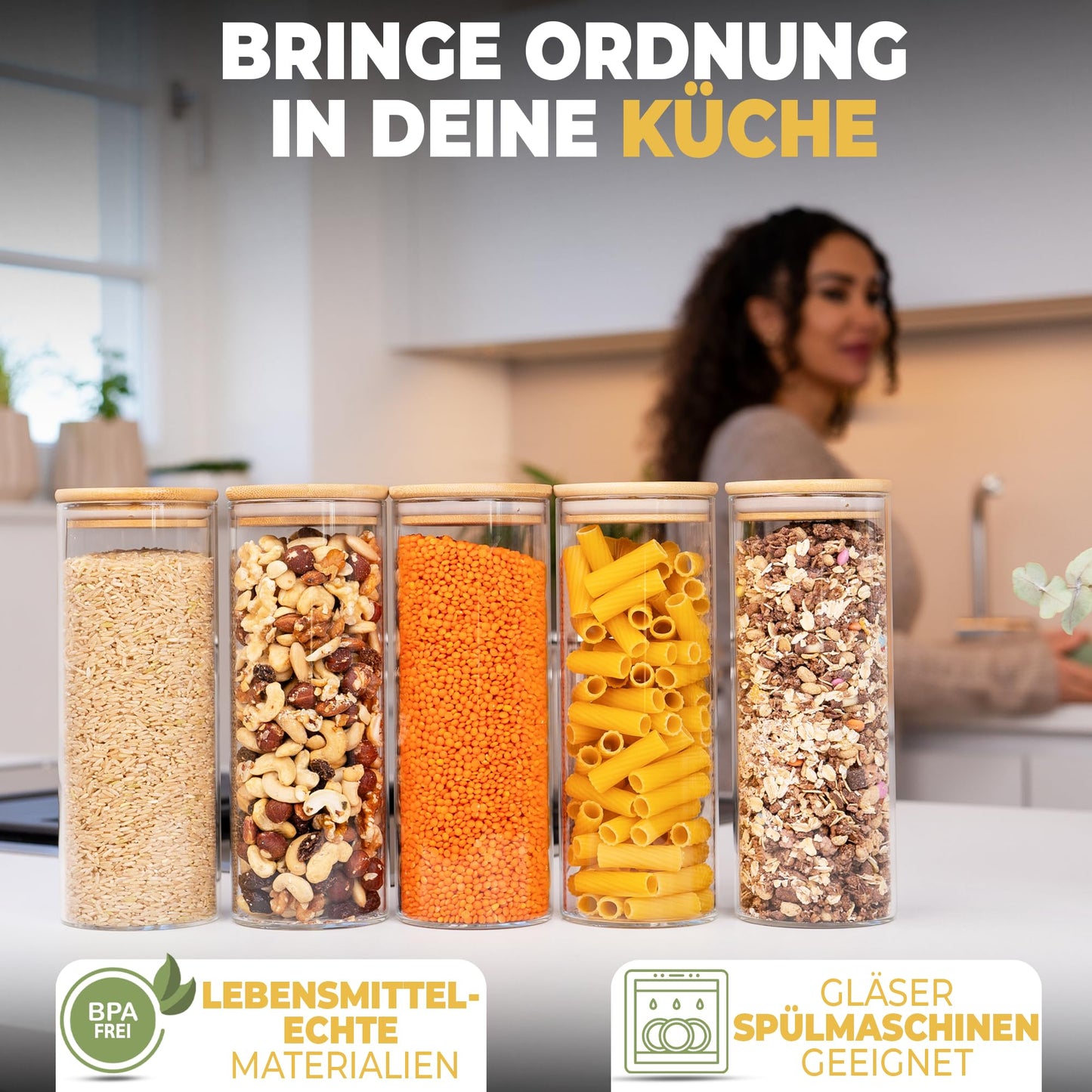 Aufbewahrungsbox Küche für alle Lebensmittel, Küchen Organizer, Vorratsgläser mit Deckel, Eckig - 12er Set, Erhöhte Glasstärke 