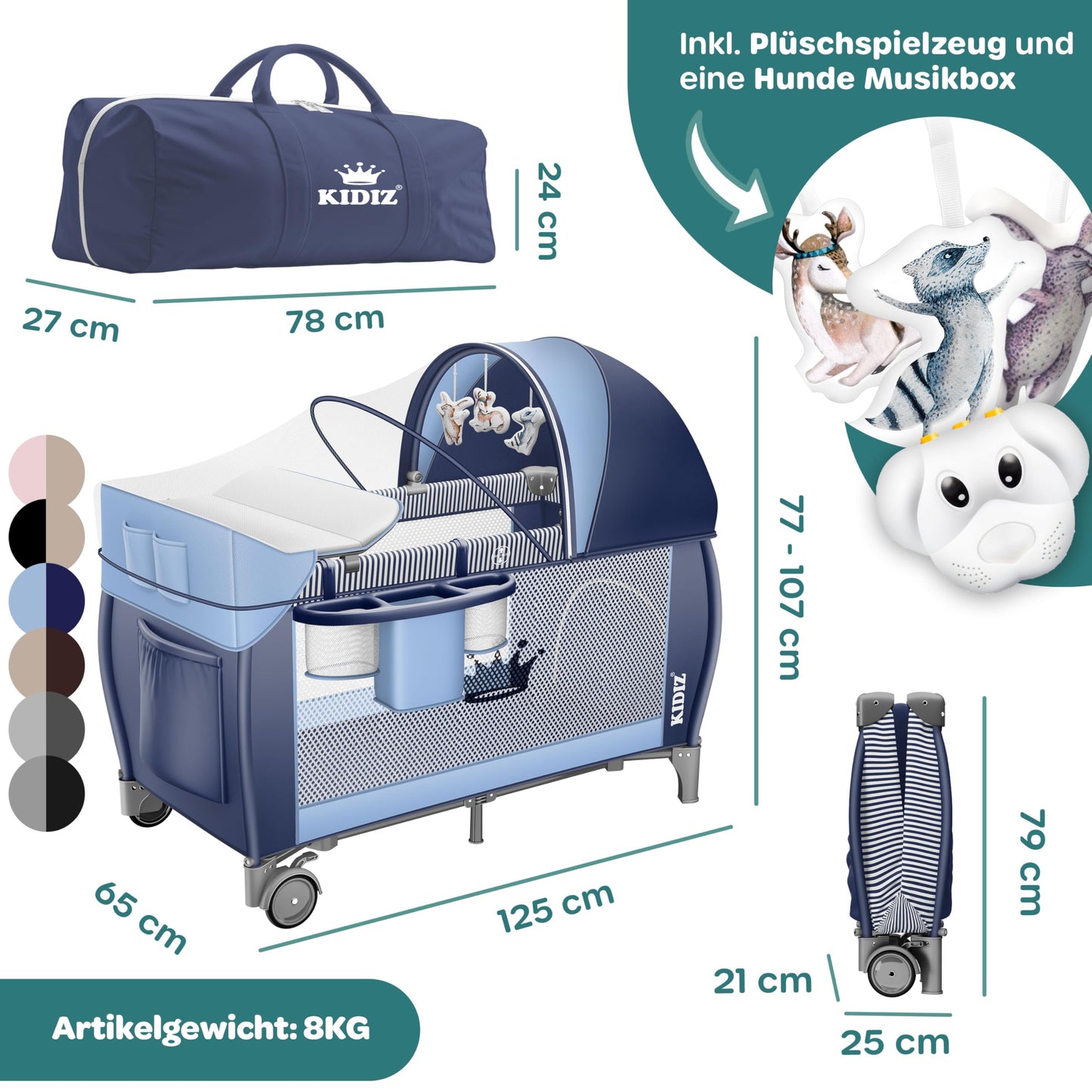 Kidiz Babybett, Reisebett, faltbar mit Matratze und Rollen, 120 x 60 cm, Seiteneingang 