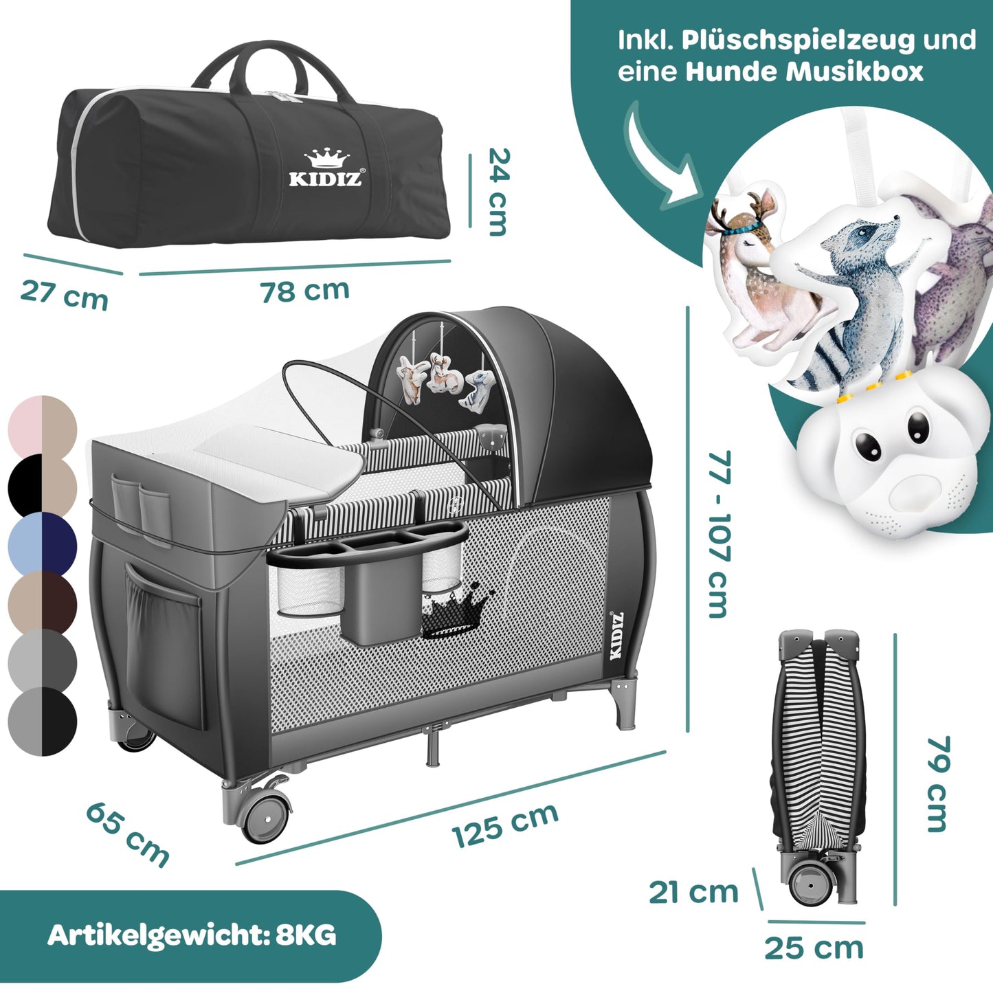 Kidiz Babybett, Reisebett, faltbar mit Matratze und Rollen, 120 x 60 cm, Seiteneingang 