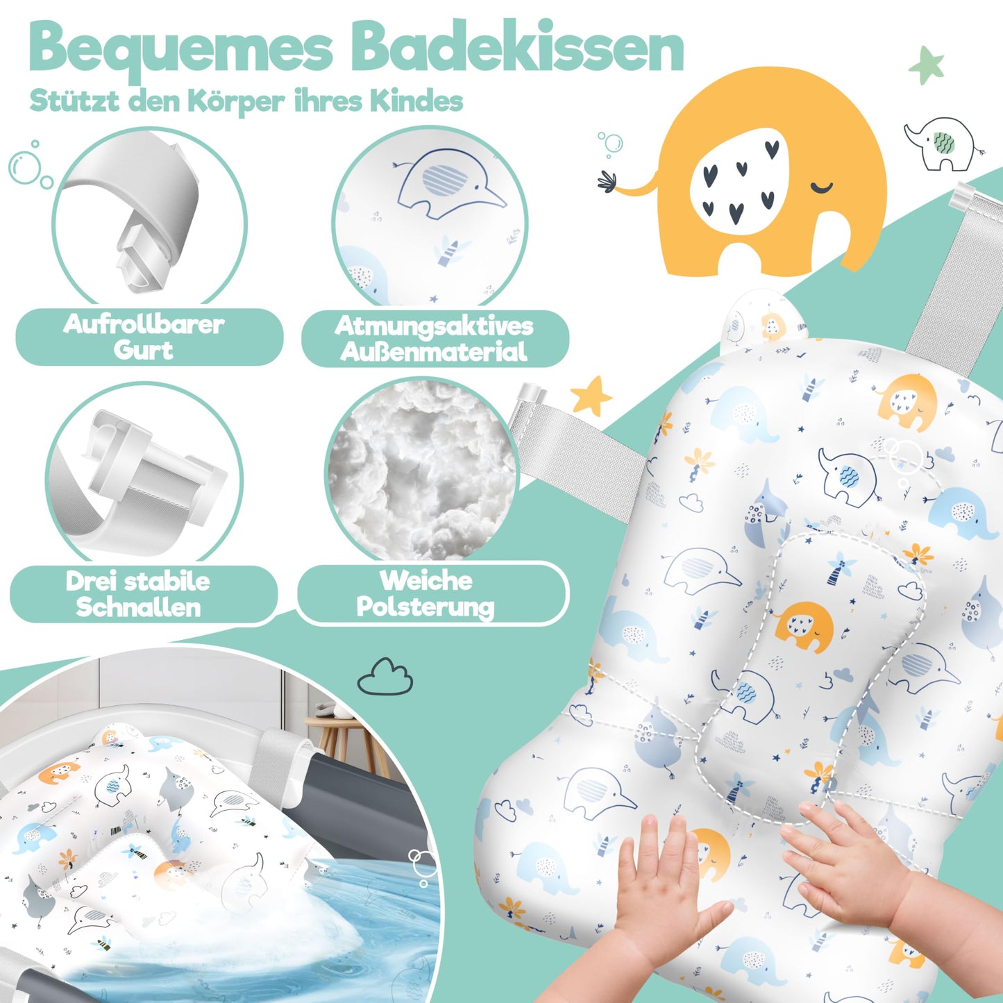 Babybadewanne | Babywanne platzsparend &amp; faltbar mit Thermostat &amp; Kissen 