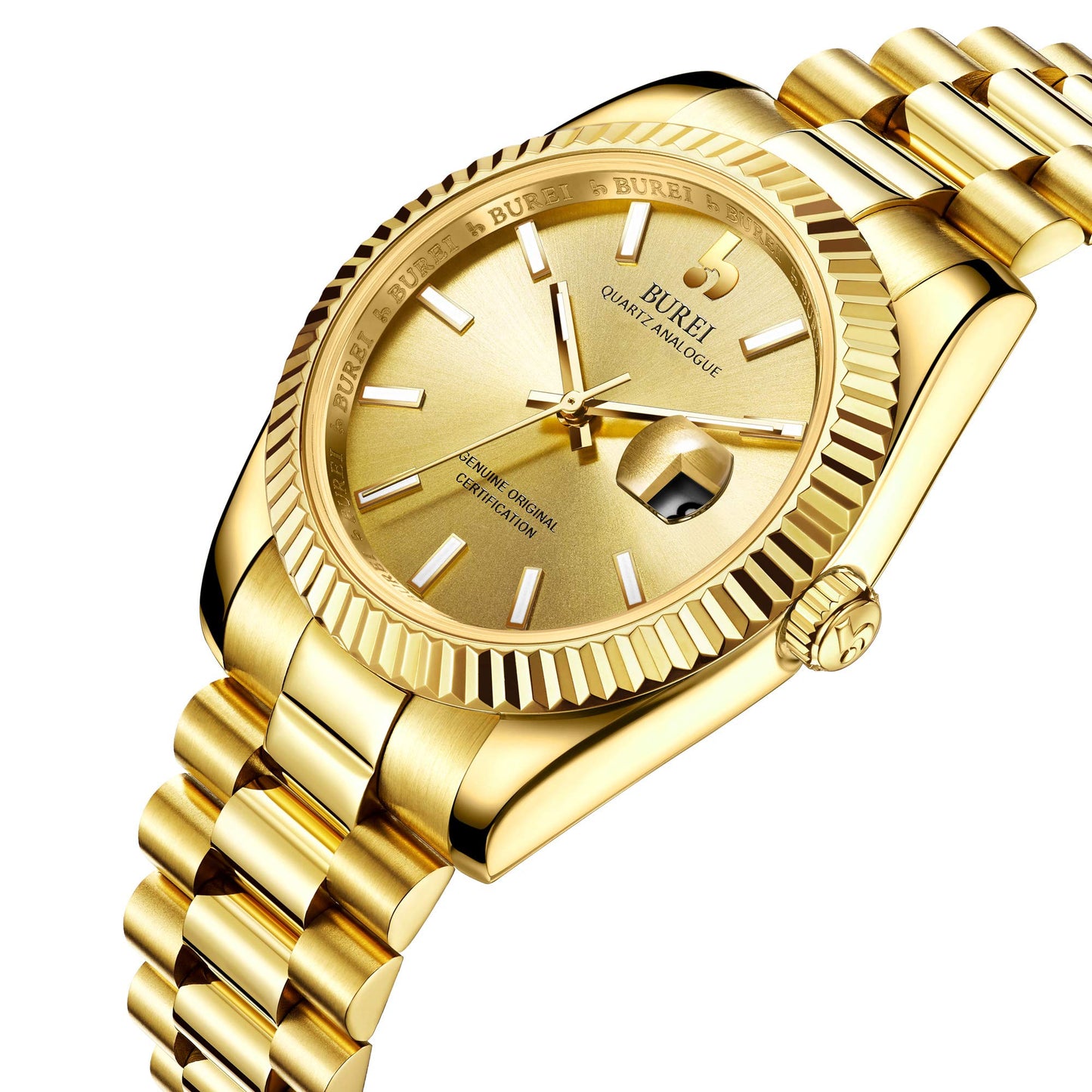 BUREI Herren Uhren Quarz Armbanduhr Datumsanzeige Saphirglas Objektiv mit Zwei Tönen Edelstahlband