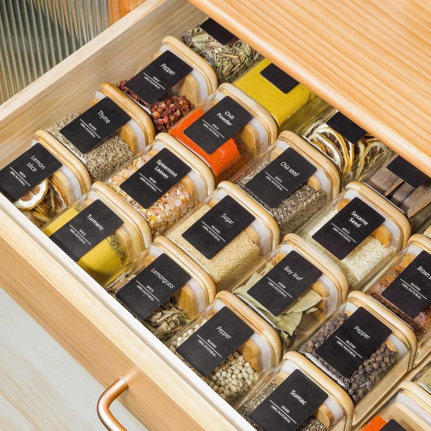 ComSaf Pot a Epices mit Etiketten, Pot Epices Verre Carrés mit Couvercle en Bois 